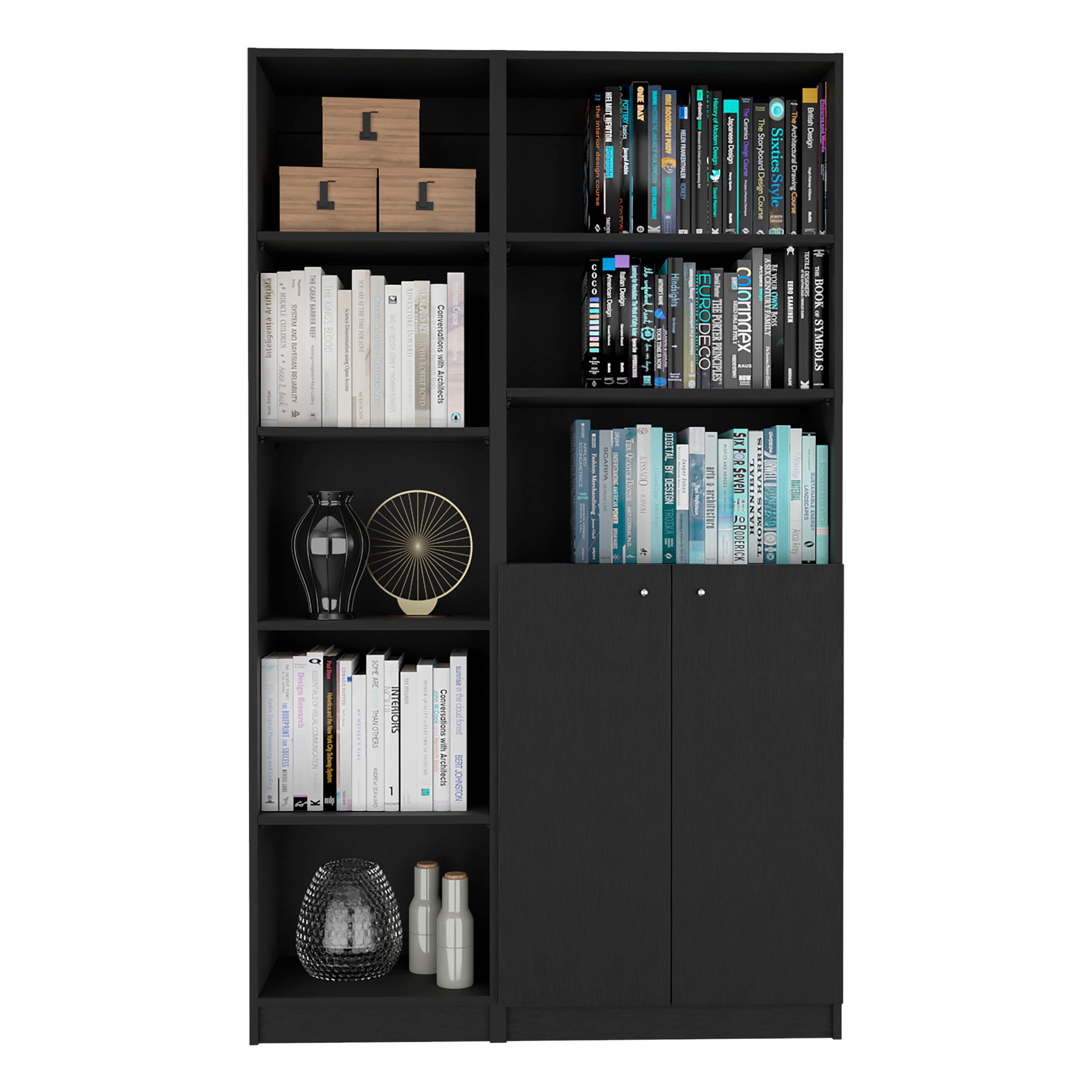 Micco 2 Piece 2 Piece Home Bookcase set, 42' Wide  with 8 Shelves and Double Door Cabinet, Living Room Set Black - Grand Gold