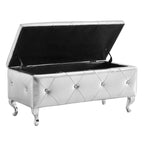 Upholstered Storage Ottoman Bench For Bedroom End Of Bed Faux Leather Rectangular Storage Benches Footrest With Crystal Buttons For Living Room Entryway (Silver) - Grand Goldman Shop