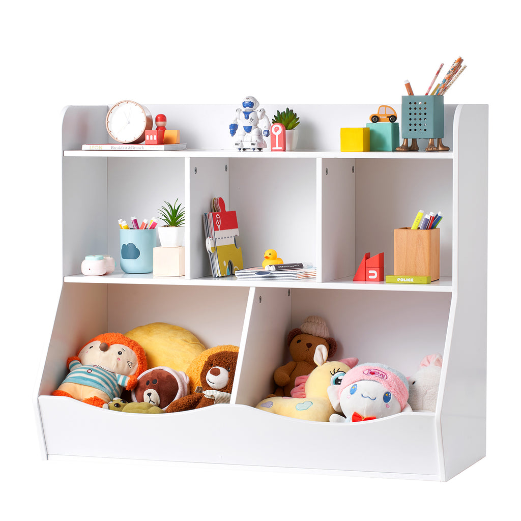Wood Kid Storage Cubby, Toy Storage Organizer with Bookshelf, 5-Cubby Wood Toy Storage Cabinet, Children Book Toy Shelf for K