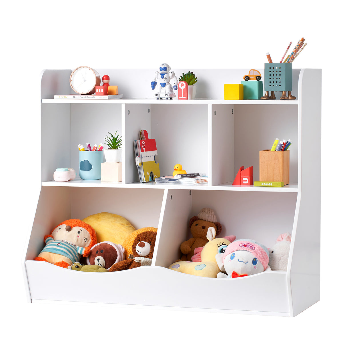 Wood Kid Storage Cubby, Toy Storage Organizer with Bookshelf, 5-Cubby Wood Toy Storage Cabinet, Children Book Toy Shelf for K