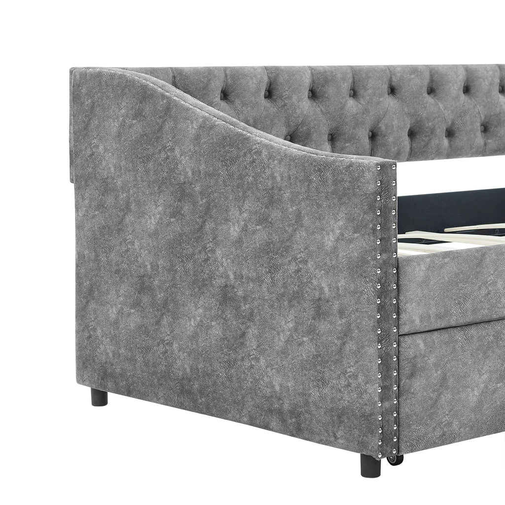 Grey Upholstered Tufted Twin Size Daybed with Drawers and Copper Nailhead Trim, Eucalyptus Wood Frame, 81.5''x4''x30.5'' - Grand Goldman Shop