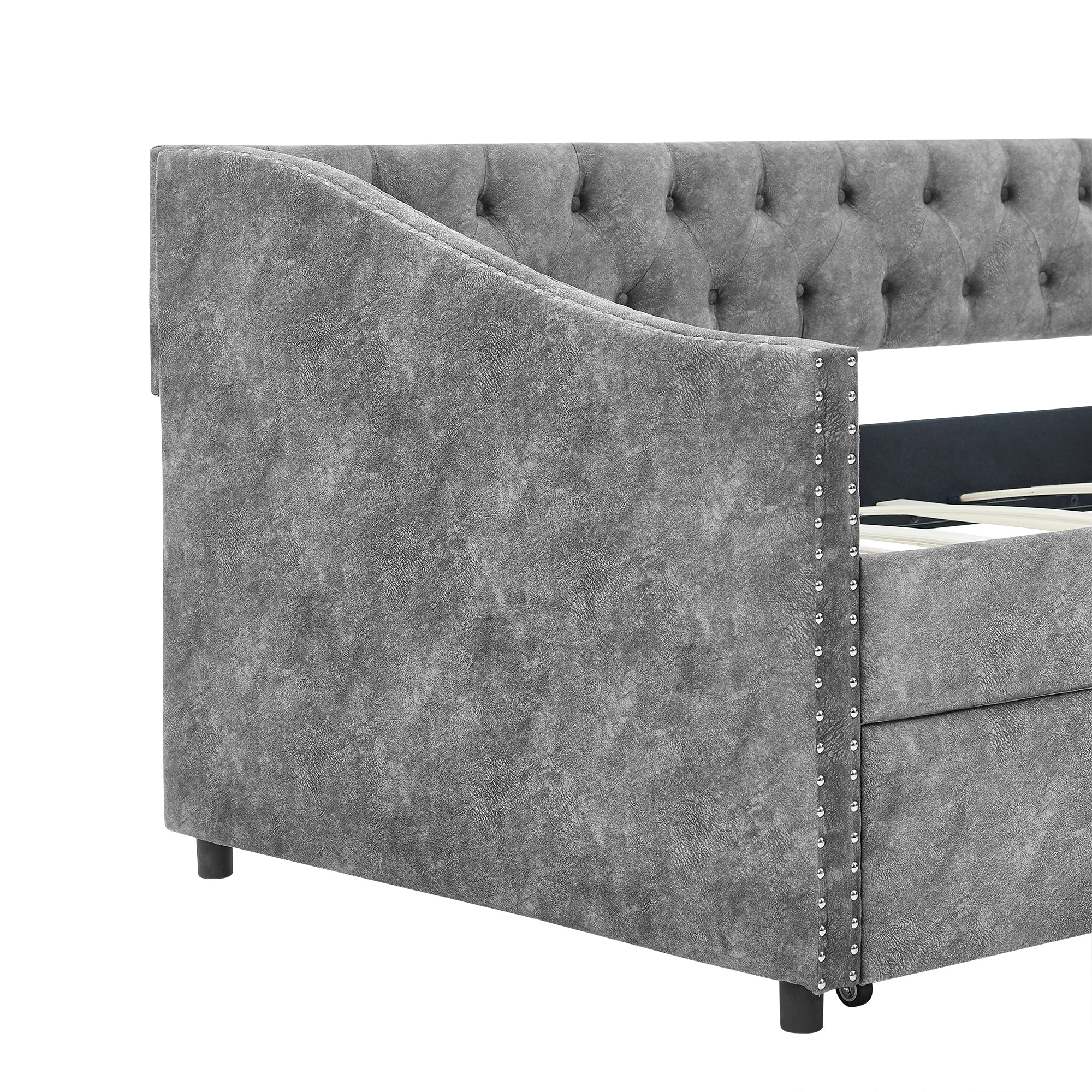 Grey Upholstered Tufted Twin Size Daybed with Drawers and Copper Nailhead Trim, Eucalyptus Wood Frame, 81.5''x4''x30.5'' - Grand Goldman Shop
