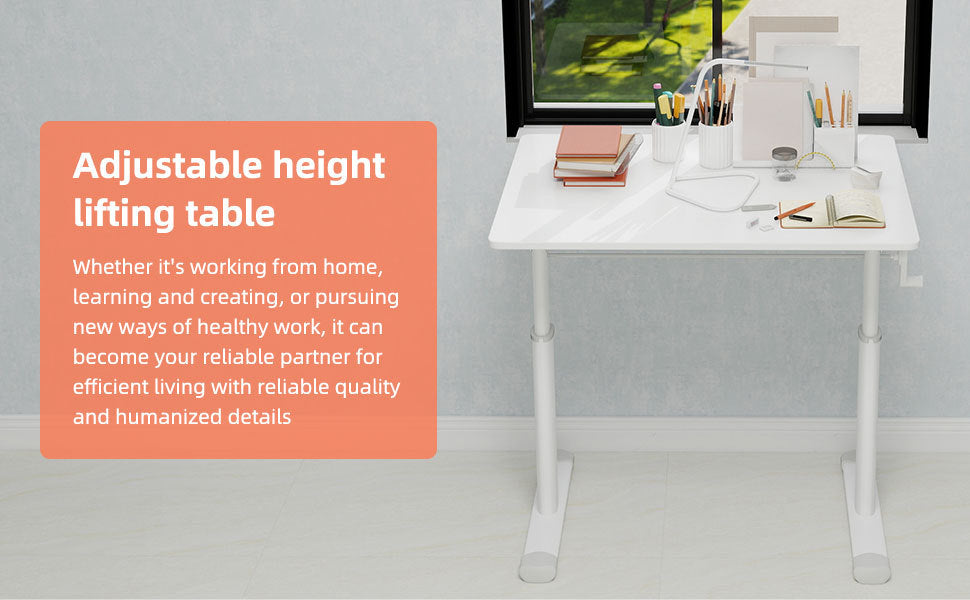 Adjustable Study Desk for Kids and Adults, Height-Adjustable Home Office Desk, White Frame with White Wood Tabletop, 60cm x 8