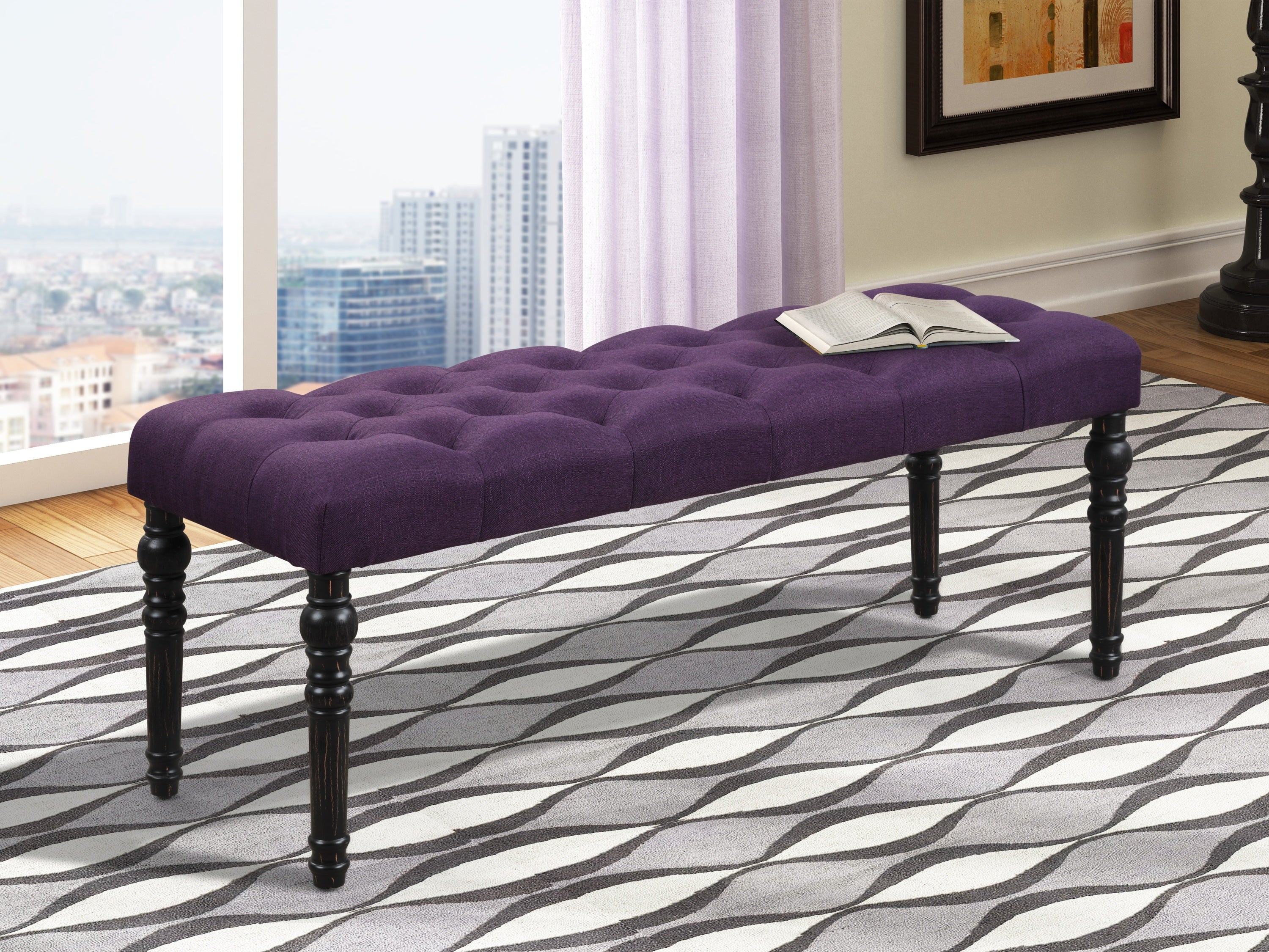 Leviton Fabric Tufted Turned Leg  Dining Bench, Purple - Grand Goldman Shop