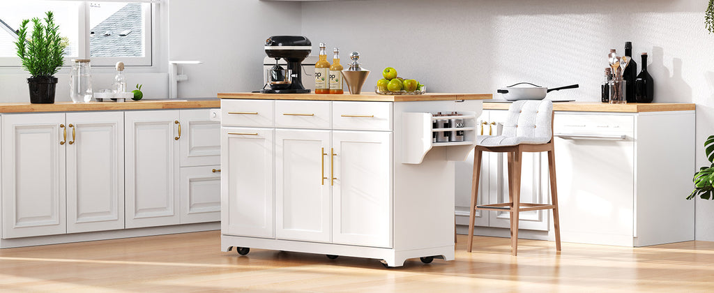 K&K 59.3' Kitchen Island with Storage 2 Pull Out Cabinet Organizers & Rubber Wood Drop Leaf, Rolling Kitchen Island with Trash Can Storage, Power Outlet, Spice & Towel Rack for Kitchen, Dining, White - Grand Goldman Shop