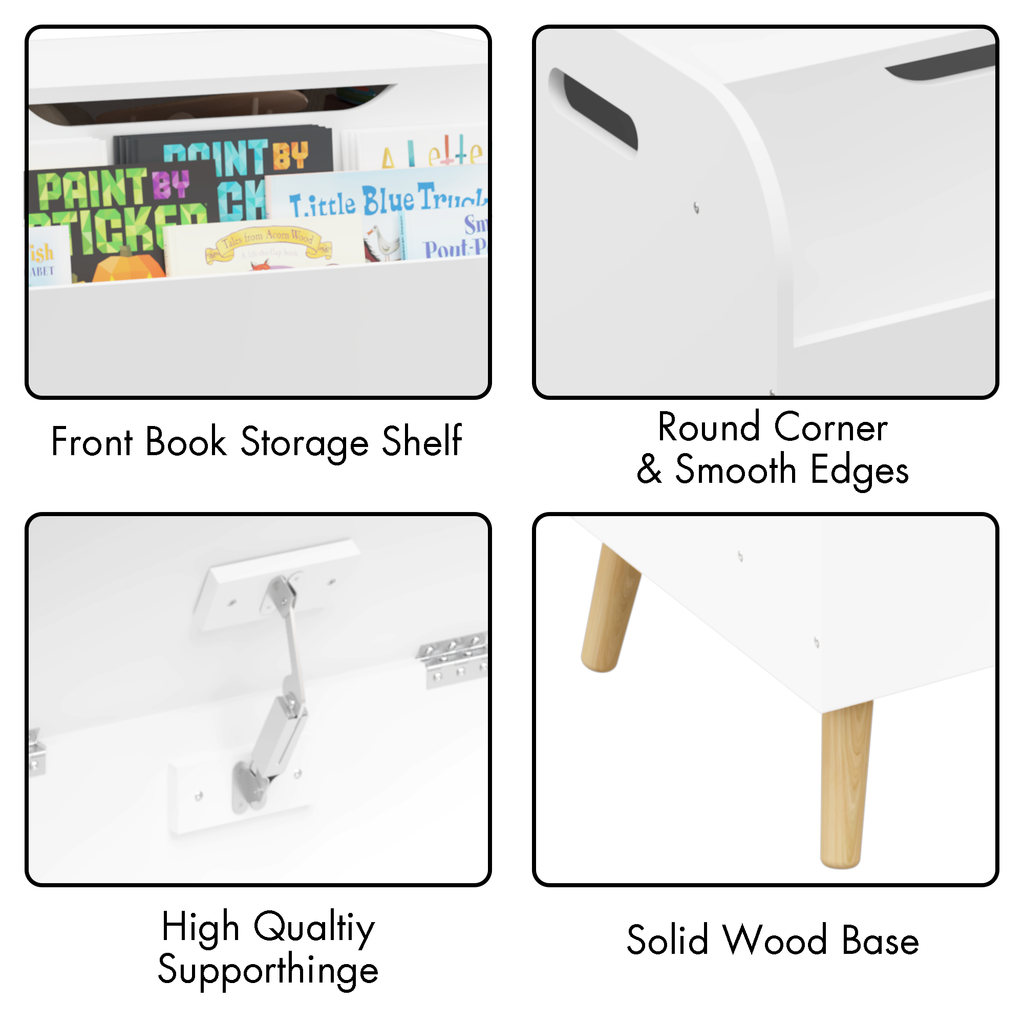 Wooden Toy Box with Front Bookshelf, Flip-Top Lid, Safety Hinge for Kids Room Organization in White, Solid Wood & MDF Constru