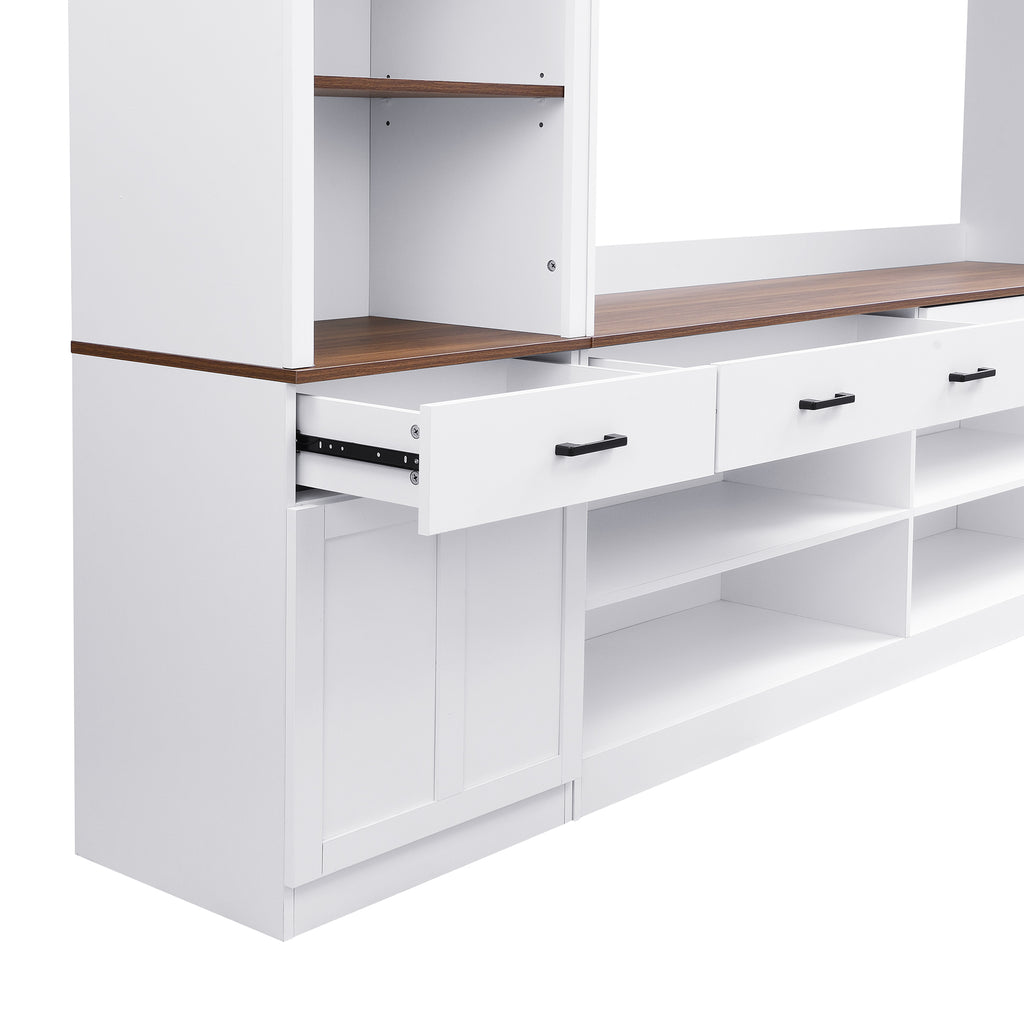 Farmhouse Entertainment Wall Unit with Bookshelf for TVs Up to 70', Walnut TV Stand with Adjustable Shelves, Mid-Century Media Console with Wine Rack for Living Room, White (NEW SKU: N721S000046K-2) - Grand Goldman Shop