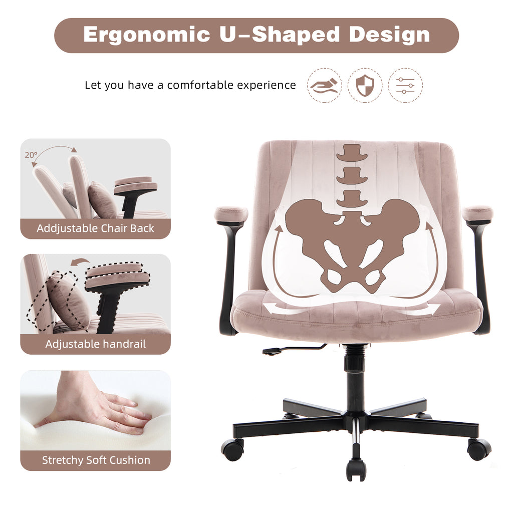 Pink Velvet Criss Cross Armrest Office Chair with Wheels - Comfortable for Home Office, Reading & Vanity - Grand Goldman