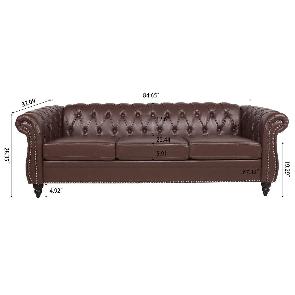 Dark Brown PU Rolled Arm Chesterfield Three Seater Sofa with Solid Wood Frame and Birch Legs - Grand Goldman Shop
