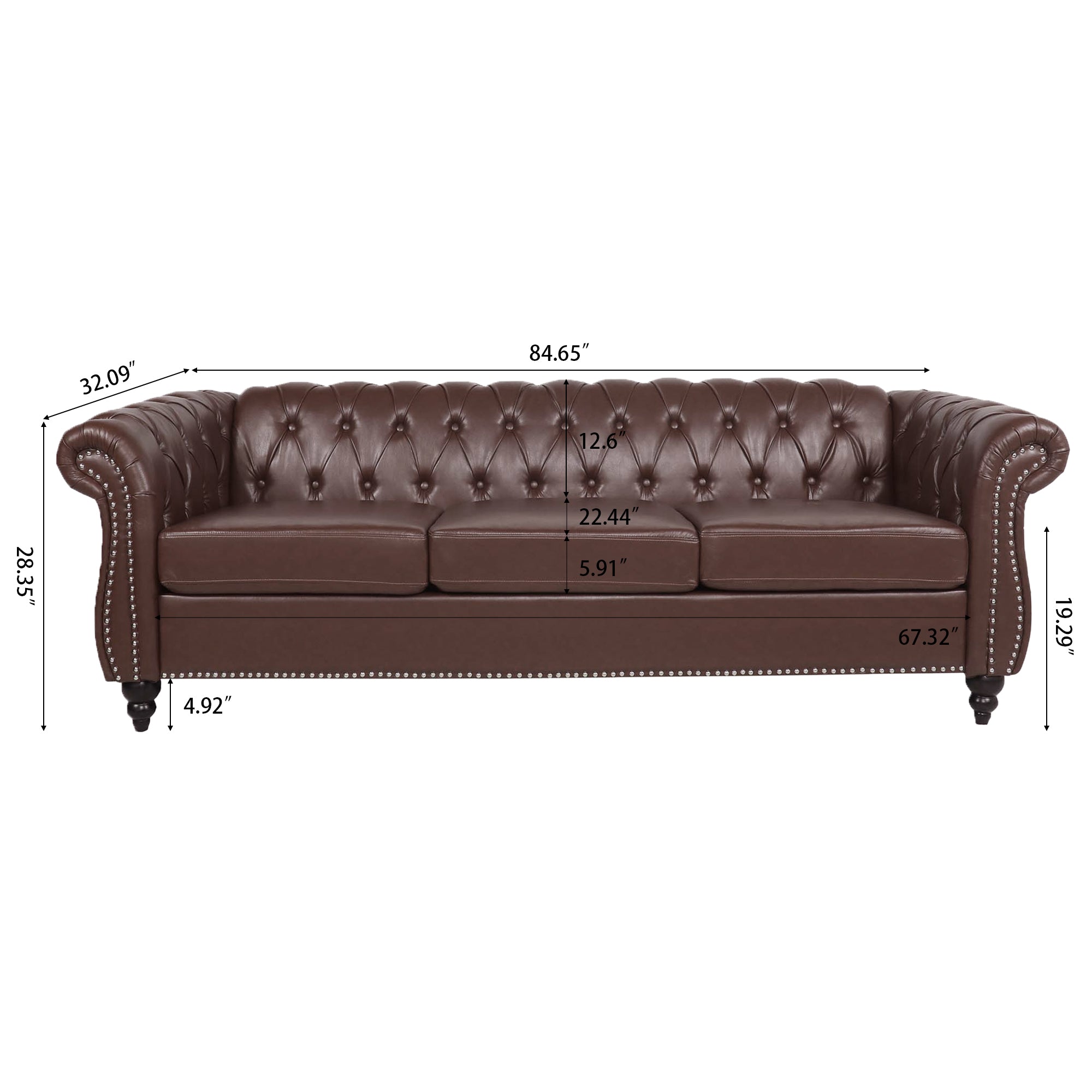 Dark Brown PU Rolled Arm Chesterfield Three Seater Sofa with Solid Wood Frame and Birch Legs - Grand Goldman Shop