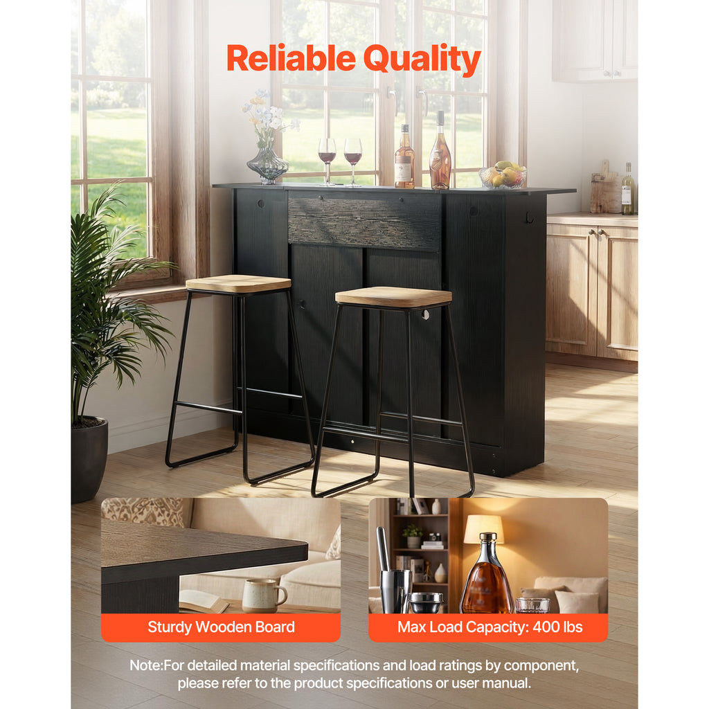 Home Bar Unit, Wine Bar Cabinet Table 4-Tier with Storage Drawer Shelves, Wine Glass Holder, Bottle Rack, LED Light, Wood & Metal Liquor Cabinet for Home, Basement, Kitchen, Living Room, Black - Grand Goldman Shop
