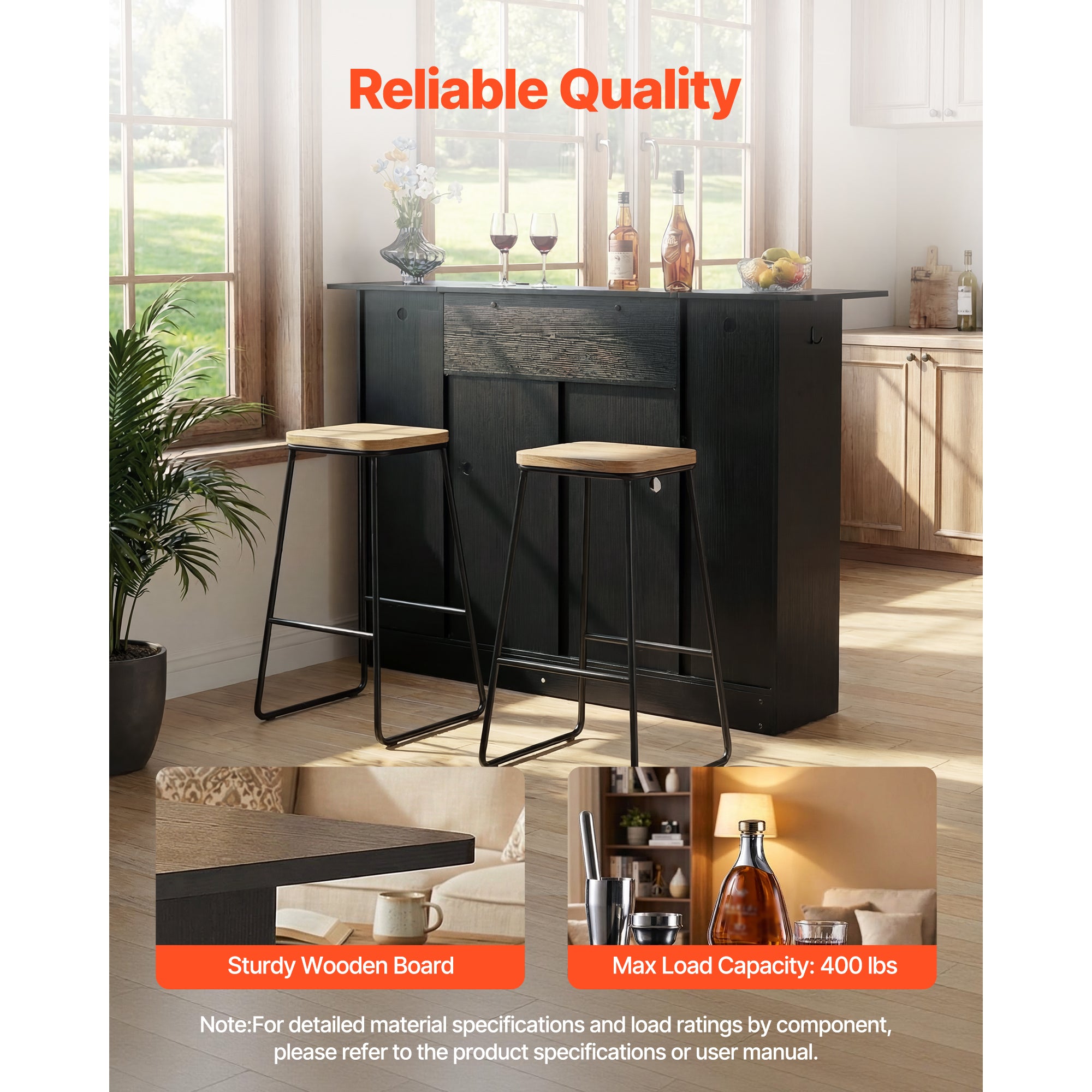 Home Bar Unit, Wine Bar Cabinet Table 4-Tier with Storage Drawer Shelves, Wine Glass Holder, Bottle Rack, LED Light, Wood & Metal Liquor Cabinet for Home, Basement, Kitchen, Living Room, Black - Grand Goldman Shop