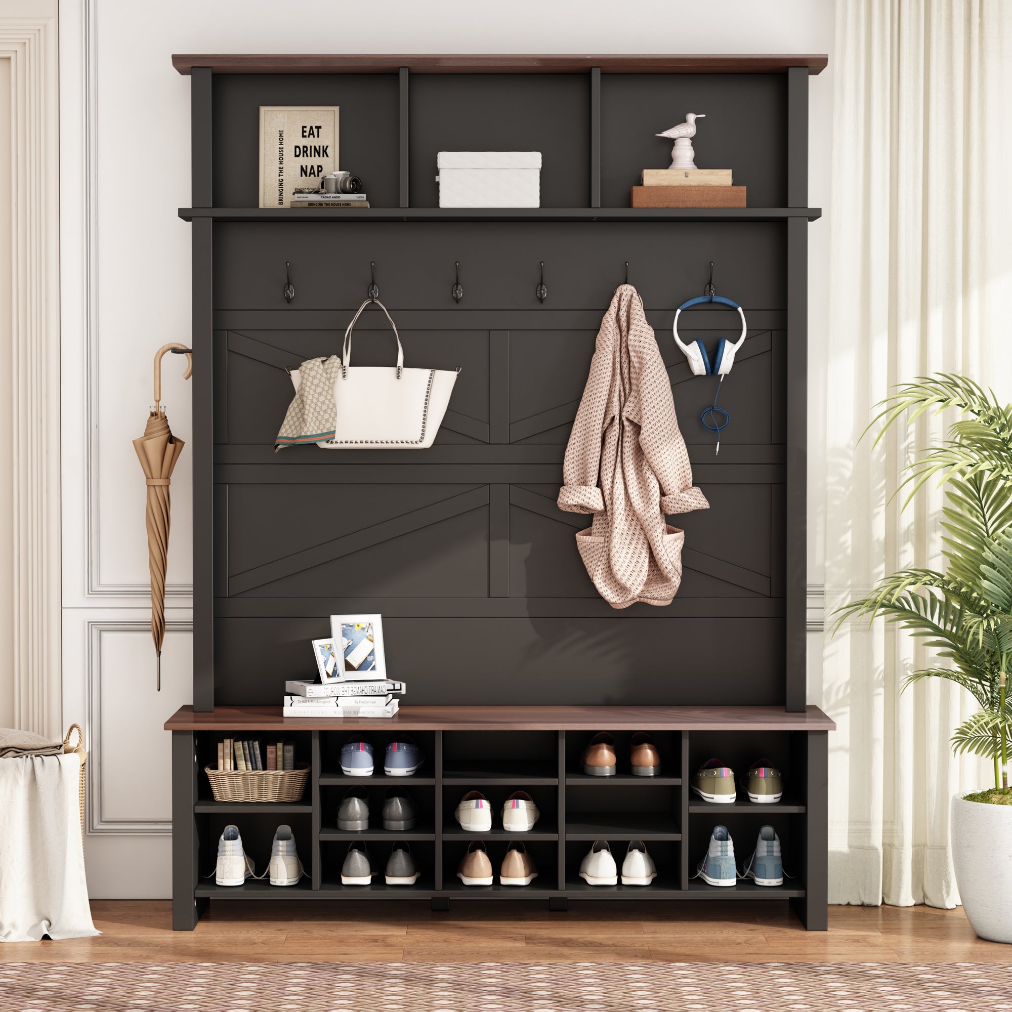 Farmhouse 4-in-1 Hall Tree with 6 Hooks, Practical Walnut Entryway Bench with Adjustable Shelves,  Wooden Shoe Organizer with 16 Compartments for Mudroom, Living Room, Black (OLD SKU: N721S000064B-1) - Grand Goldman Shop