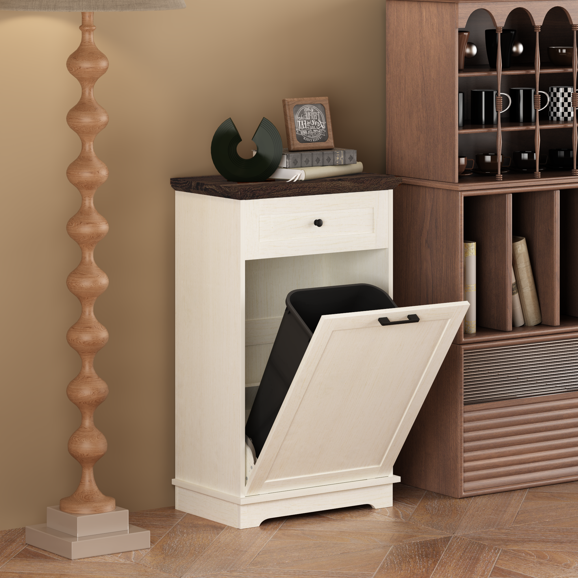 10 Gallon Tilt Out Trash Cabinet Freestanding Trash Bin Cabinet Wood Garbage Recycling Cabinet with Drawer Pet Proof Trash Can Holder for Kitchen Living Room, Antique White (Not include trash can) - Grand Goldman Shop