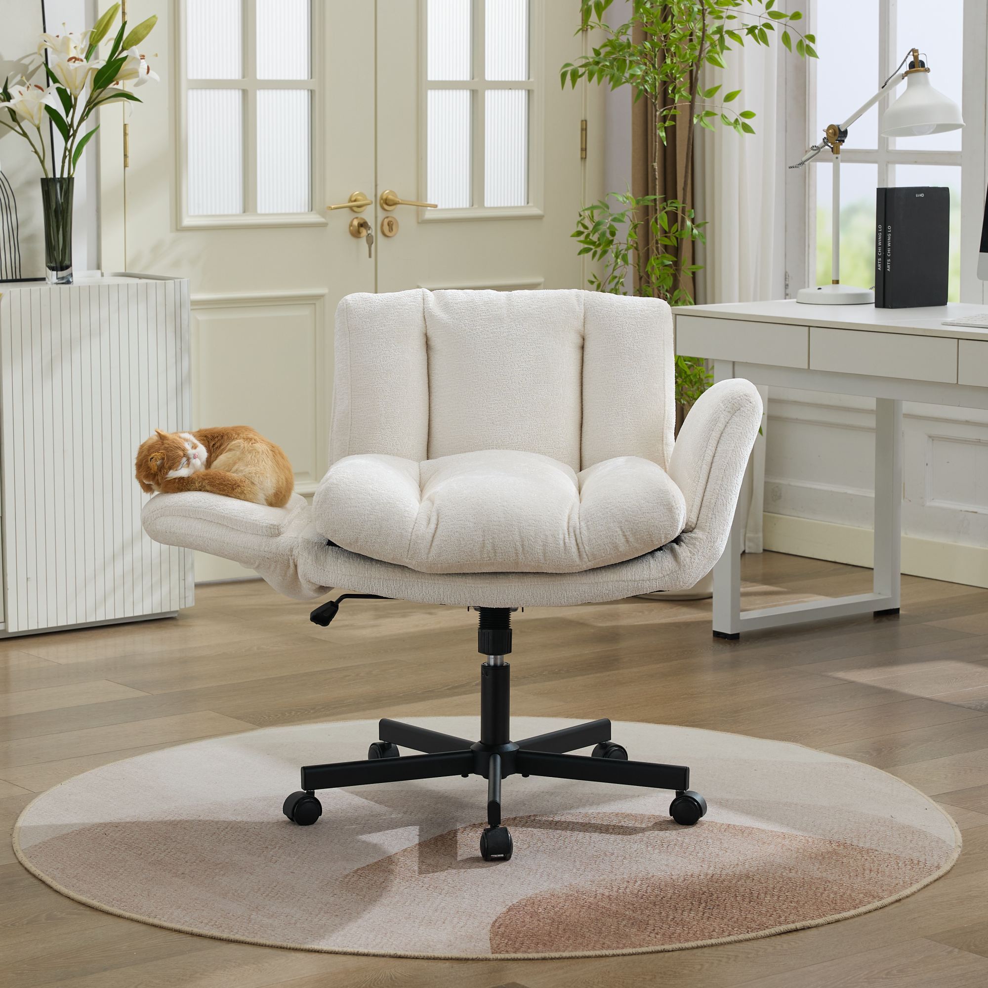 Modern Chenille Swivel Office Chair, Height Adjustable Task Chair with Convertible Multi-Position Armrests,Comfy Double Cushi