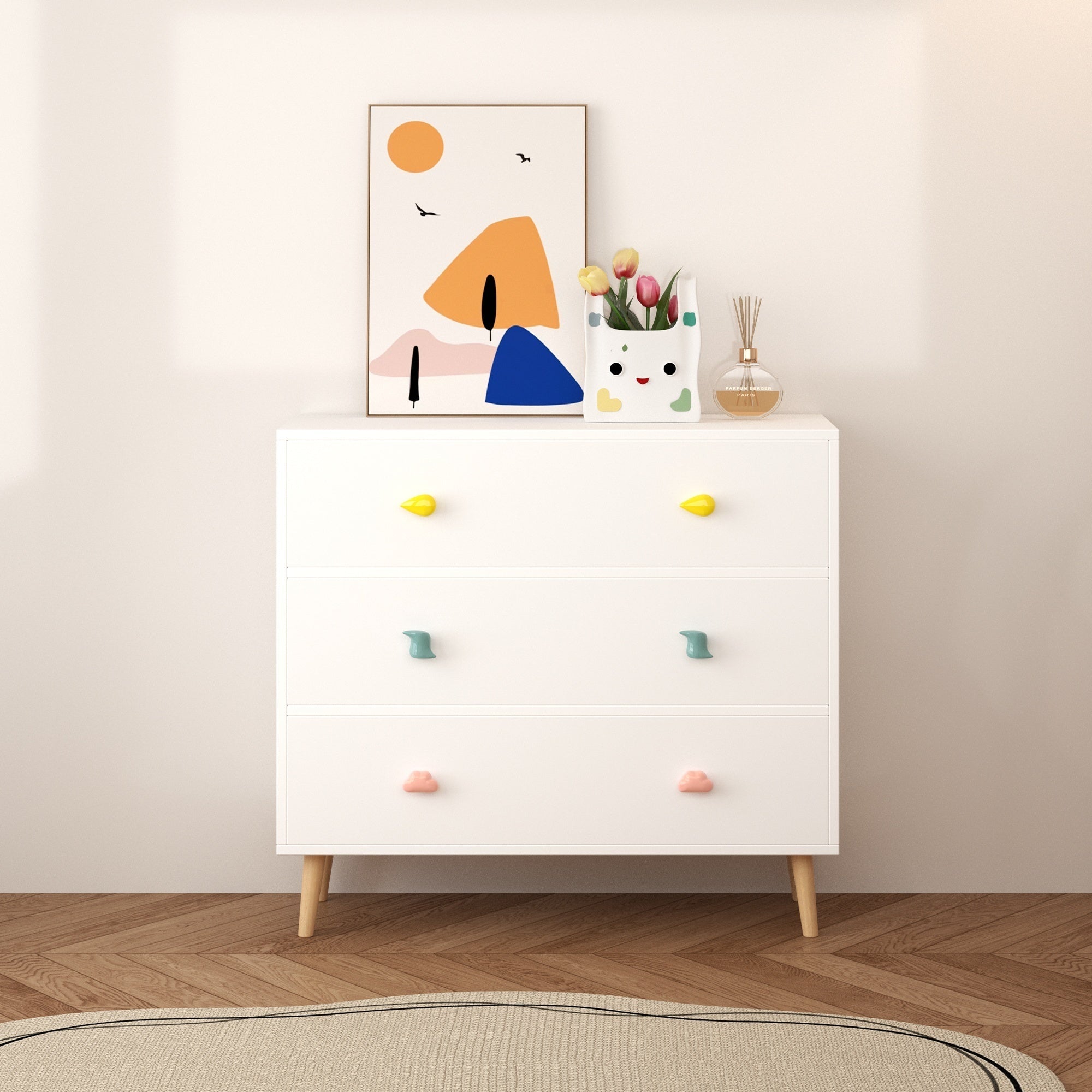 Kids 3 Drawer Dresser, White Nursery Storage Cabinet with Anti-Tip Safety Feature, Solid Wood and MDF Construction, Compact D