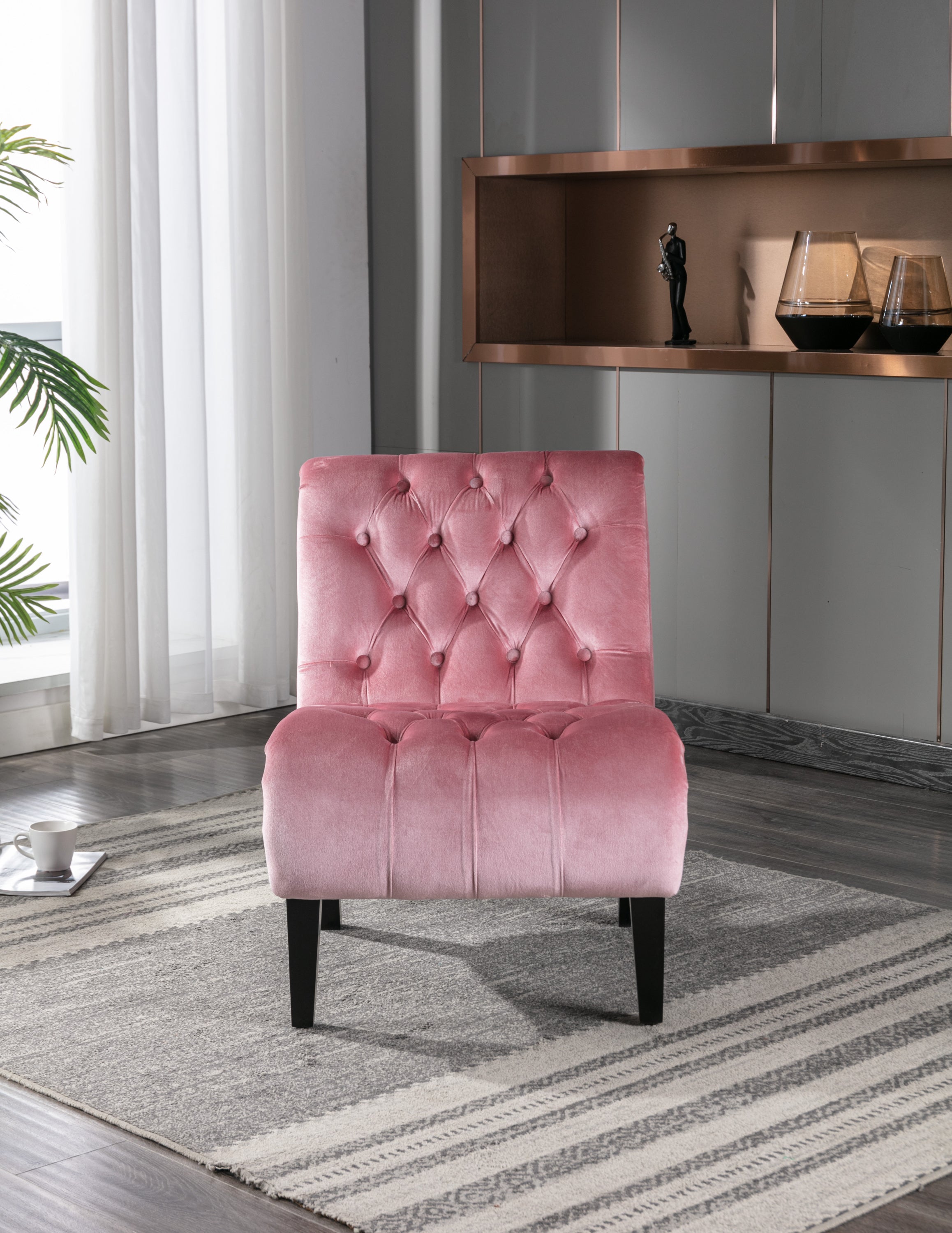 COOLMORE Modern Velvet Armless Accent Living Room Chair / Leisure Chair,Upholstered Fabric Button Comfortable Chair with Wooden Legs for Bedroom, Living Room, Office (Pink Velvet) - Grand Goldman Shop