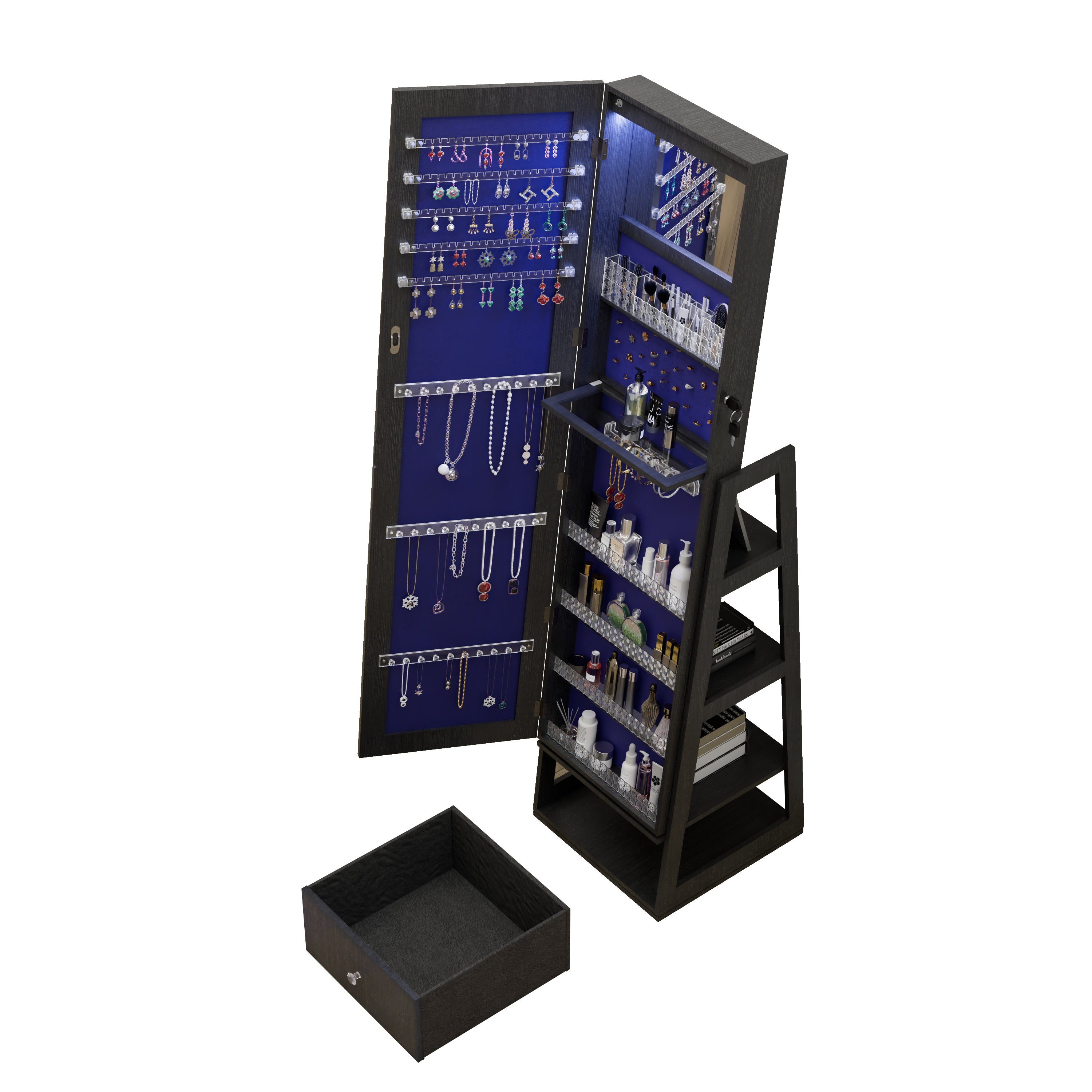 360°Swivel Jewelry Cabinet with Full Length Mirror, 360°Rotating Standing Jewelry Armoire Organizer, Lockable Storage Cabinet, Interior Lighted Mirror and Storage Drawers, Black - Grand Goldman Shop