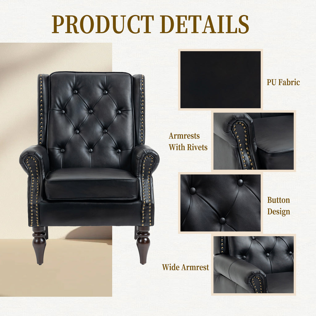 Modern Accent Armchair with Sturdy Wood Legs in Black PU Leather for Living Room or Bedroom - Grand Goldman Shop