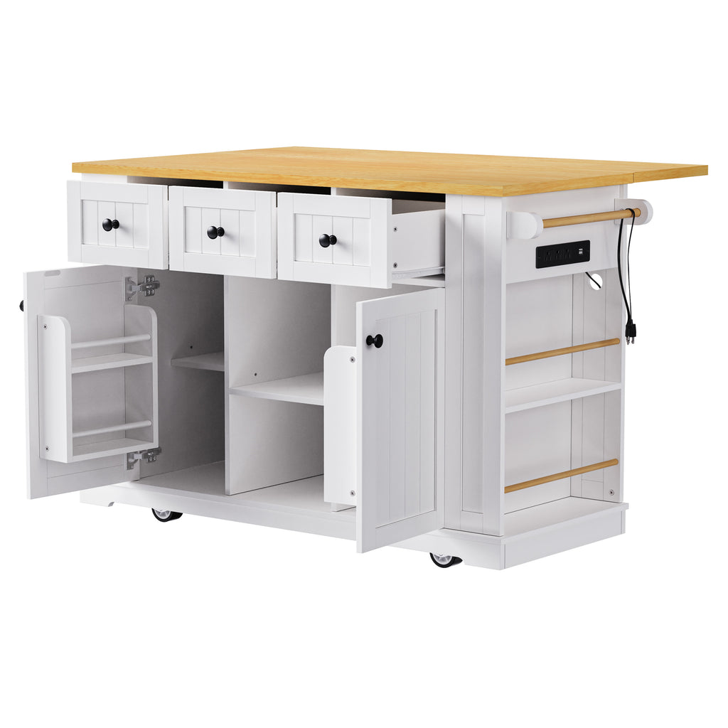 K&K 53inch Large Kitchen Island with Drop Leaf,Power Outlet,Door Internal Storage Rack,Rolling Kitchen Cart on 5 Wheels with 5 Open Side Racks for Kitchen,White (Two Packages)(Stools not included) - Grand Goldman Shop