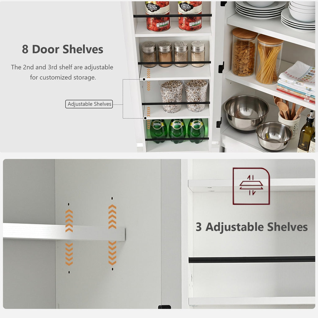 K&K 72' Tall Farmhouse Kitchen Pantry Cabinet with 8 Door Shelves, Curved Design Storage Cabinet with 3 Adjustable Shelves, Hidden Drawer, Versatile Cupboard for Kitchen, Dining & Bathroom, White - Grand Goldman Shop