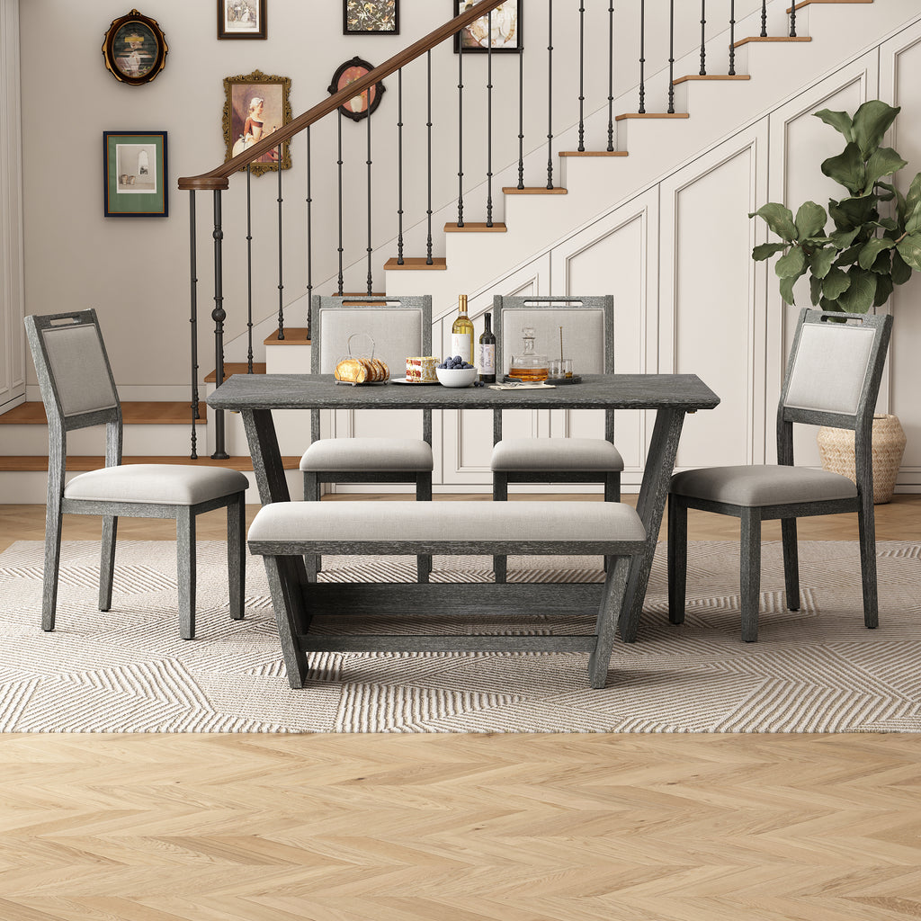 TREXM 6-Piece Retro Dining Table Set for 6, 60' Wood Kitchen Table and Chairs Set of 4 with Bench Designed Trestle Base for kitchen & Dining Room (Gray) - Grand Goldman Shop