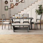 TREXM 6-Piece Retro Dining Table Set for 6, 60' Wood Kitchen Table and Chairs Set of 4 with Bench Designed Trestle Base for kitchen & Dining Room (Gray) - Grand Goldman Shop