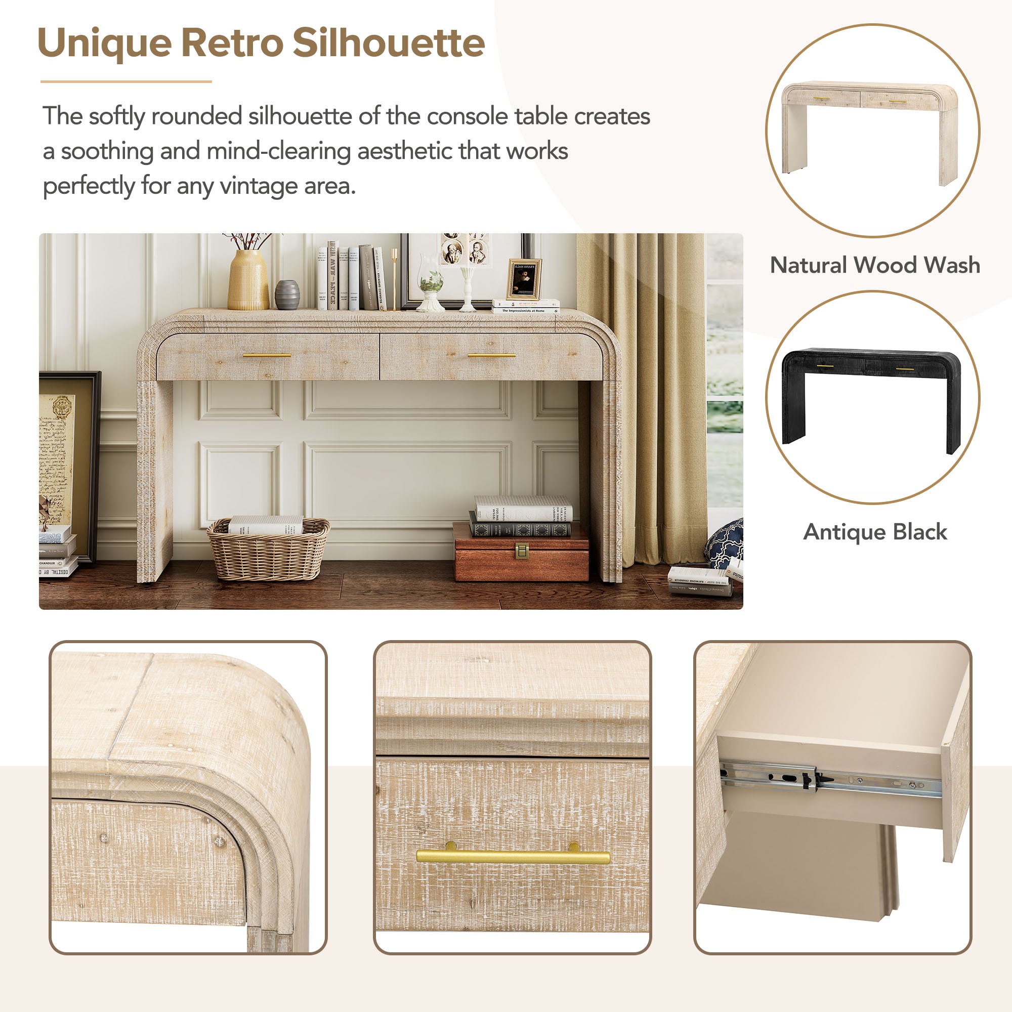 TREXM Unique Retro Silhouette Console Table with Open Style, Two Top Drawers for Entrance, Dinning Room, Living Room (Natural Wood Wash) - Grand Goldman Shop