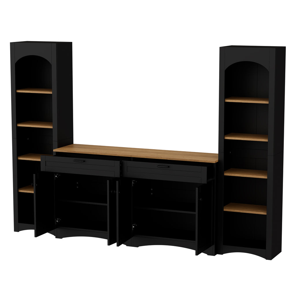 ON-TREND 3-Piece Farmhouse Entertainment Center with Storage Cabinet for TVs Up to 70', Mid-Century TV Stand with Bookshelf, Rustic Versatile Sideboard with Adjustable Shelves for Living Room, Black - Grand Goldman Shop