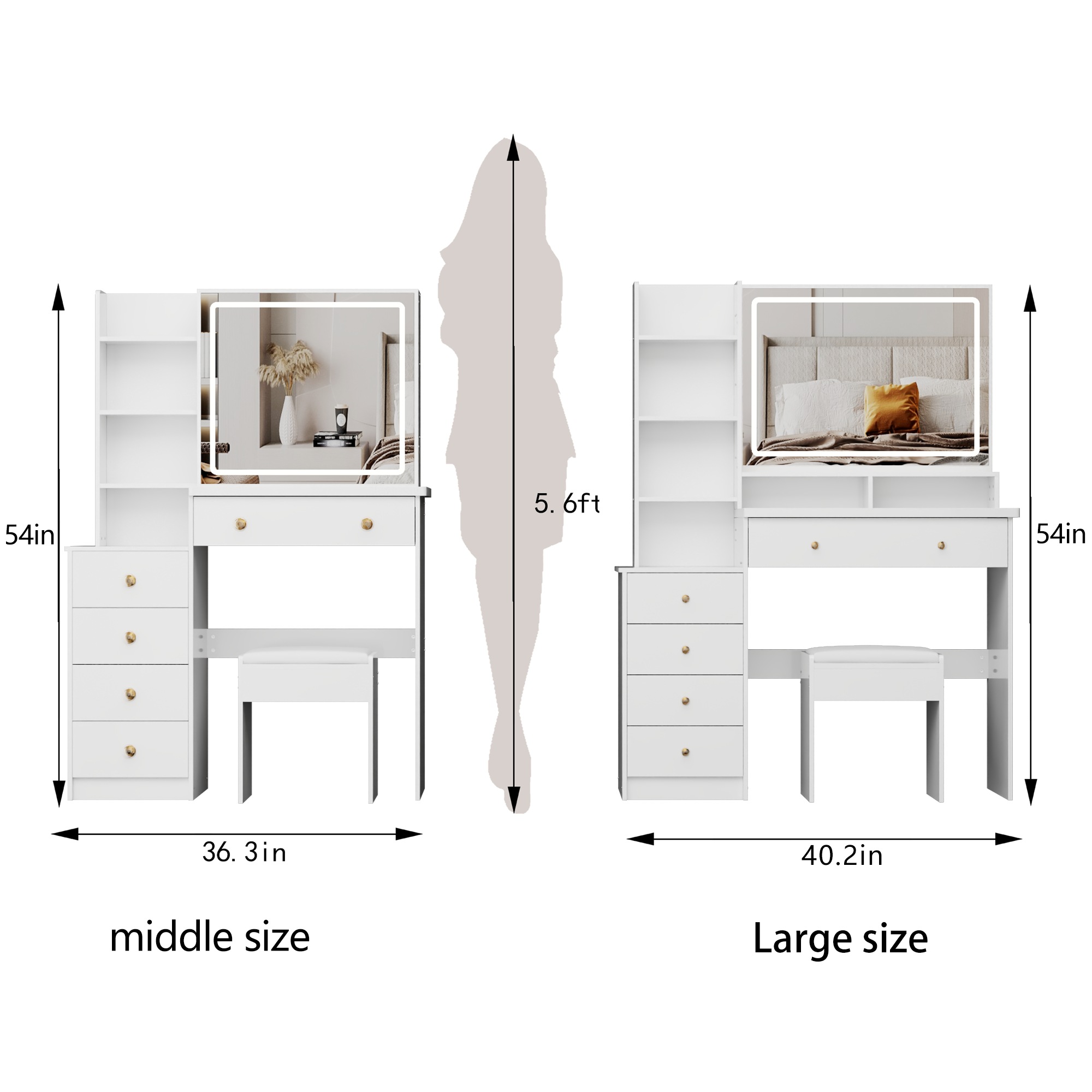 41' Large Sized Bedside Cabinet Vanity Table + Cushioned Stool, Extra Large Touch Control LED Mirror, 3-color Switch, Multi Layer High Capacity Storage Fashionable Dresser, EPA, GCC, UL Certificate - Grand Goldman Shop