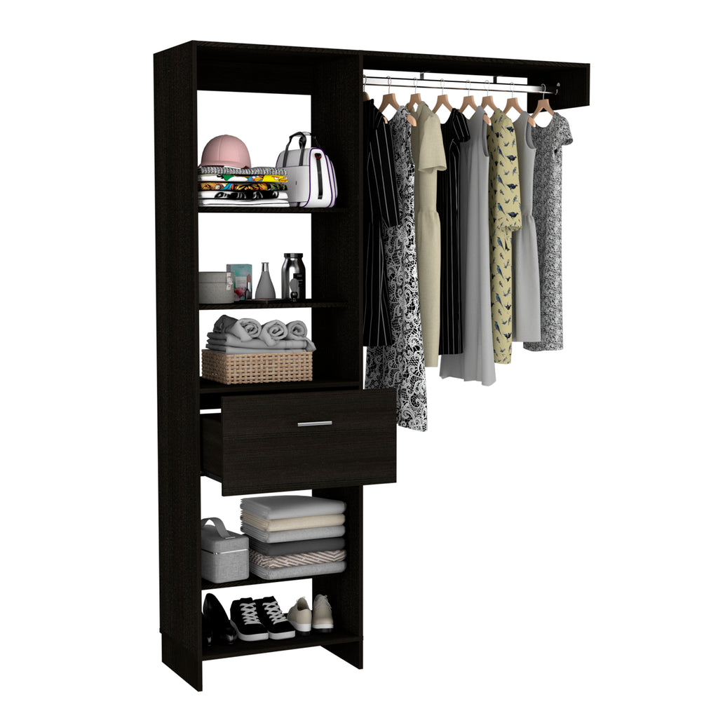 Manchester 150 Closet System, Metal Rod, Five Open Shelves, One Drawer -Black - Grand Goldman Shop