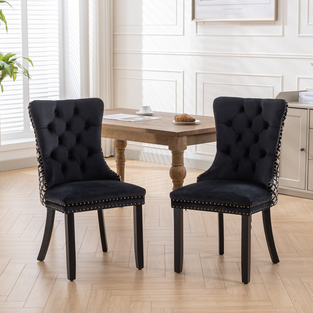Classic Velvet Dining Chairs,  High-end Tufted Solid Wood Contemporary Velvet Upholstered Dining Chair with Wood Legs Nailhead, SET OF 2,Black and Patterned,SW2201BK - Grand Goldman Shop