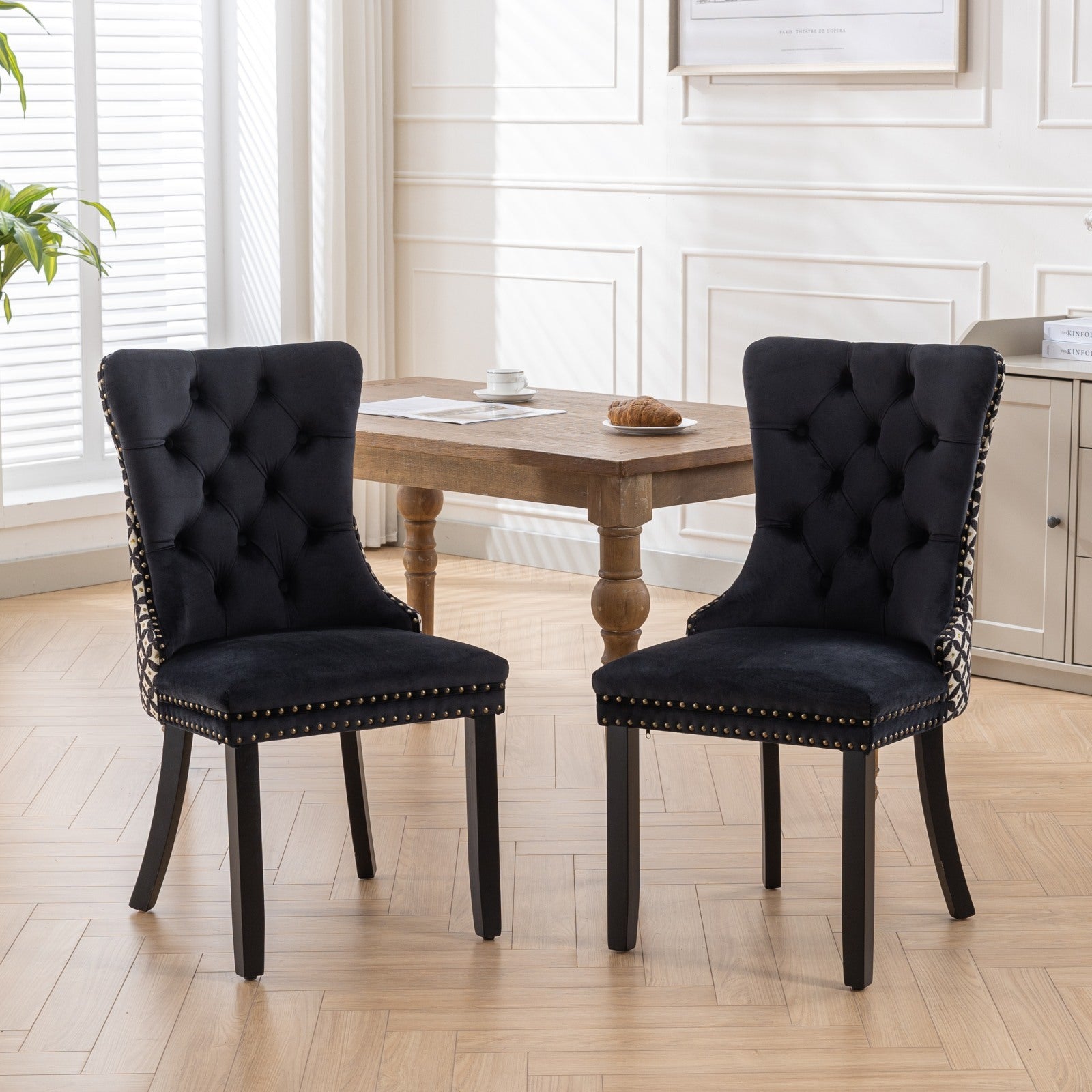 Classic Velvet Dining Chairs,  High-end Tufted Solid Wood Contemporary Velvet Upholstered Dining Chair with Wood Legs Nailhead, SET OF 2,Black and Patterned,SW2201BK - Grand Goldman Shop