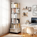 6 Tier Rotating Bookshelf, 360° Display Round Spinning Bookshelf with Wheels and Drawer, Space-Saving, Small Space Rotating Bookshelf Tower for Bedroom, Living Room, Home, Office, Warm White - Grand Goldman Shop