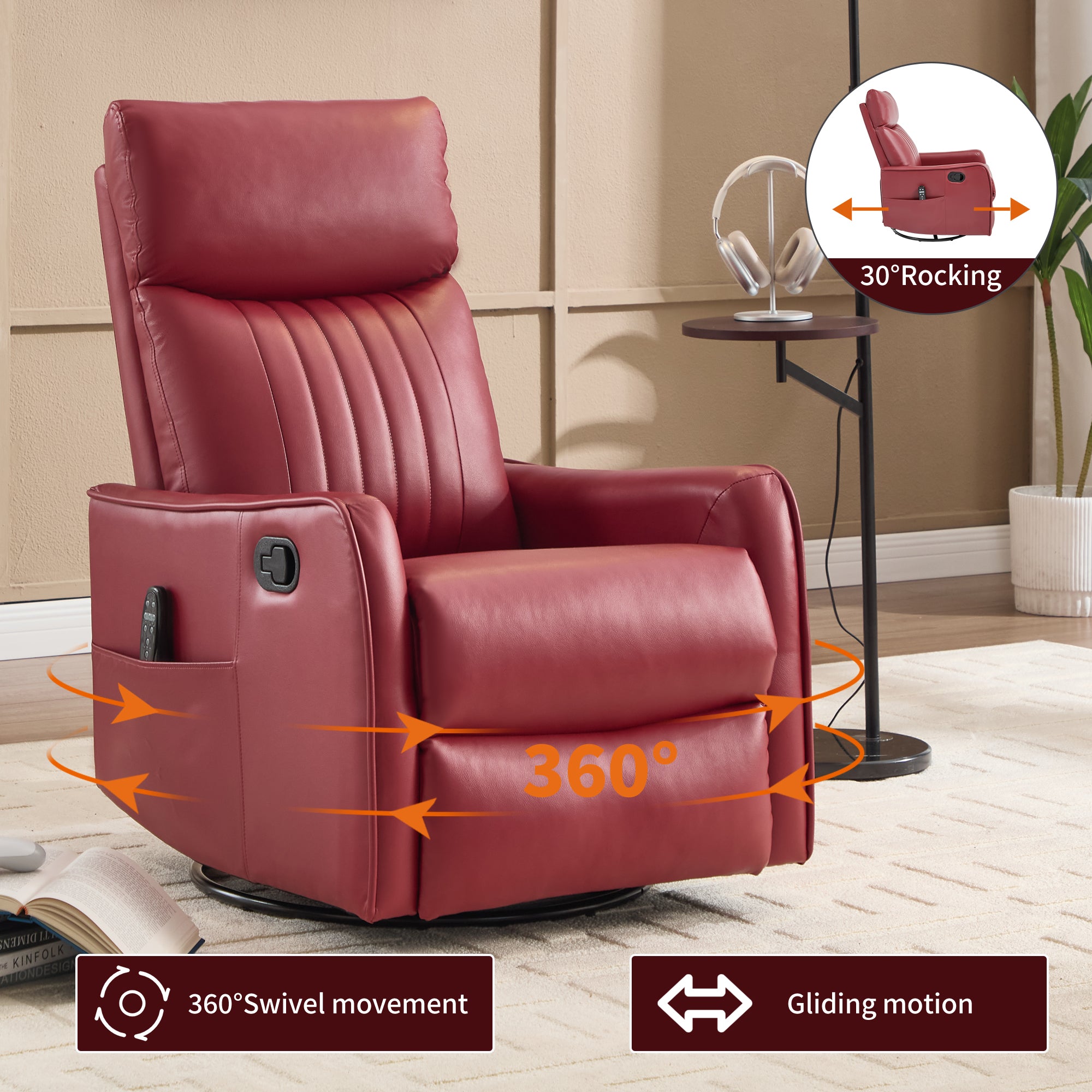 Red Faux Leather Heat Massage Manual Recliner Chair with Rocker and Swivel for Living Room - Grand Goldman Shop