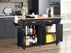 Kitchen Island with Rubber wood Countertop, Kitchen Cart on 5 Wheels with Storage Cabinet and 2 Top Drawers and A center double layered storage drawer for Dinning Room, Black - Grand Goldman Shop