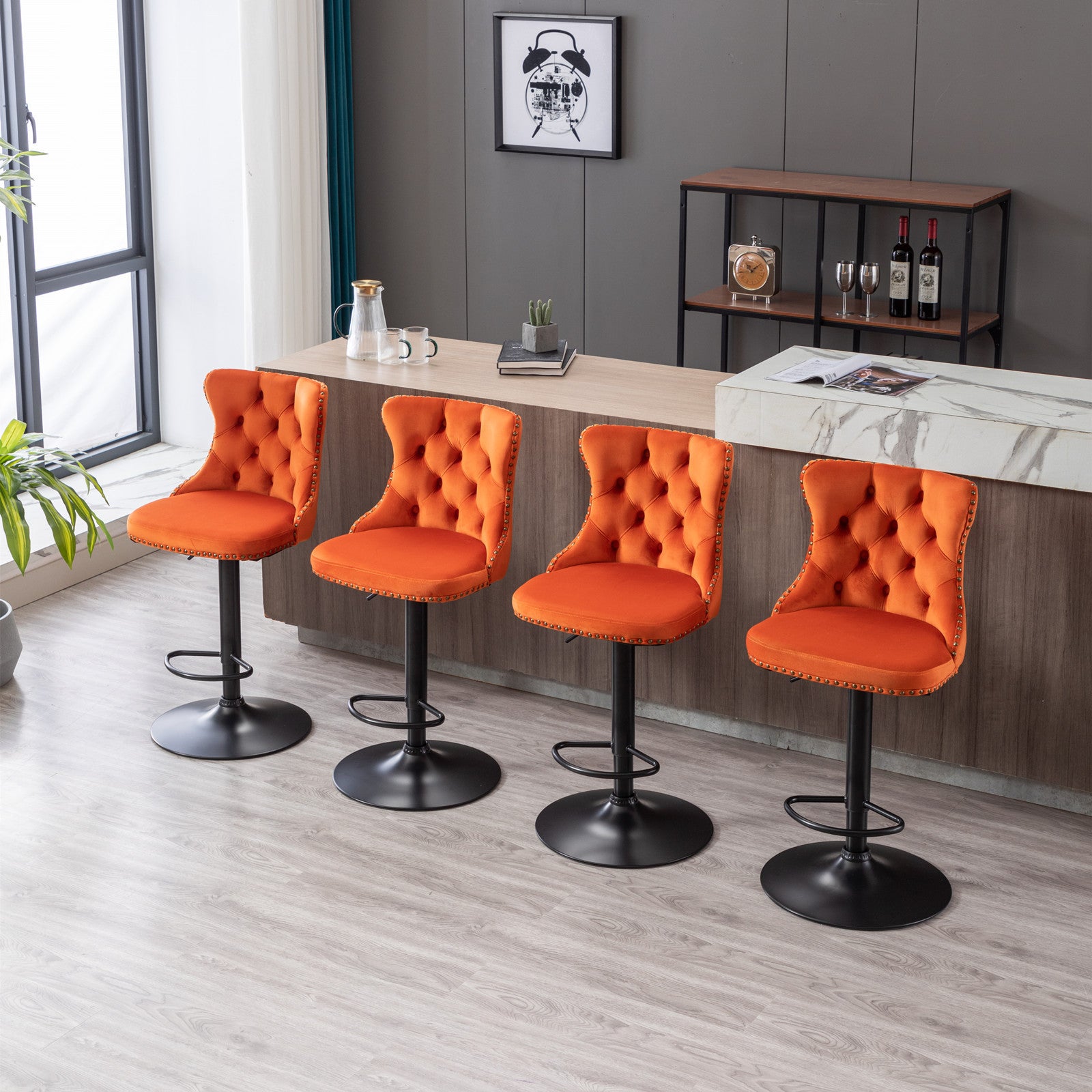A&A Furniture,Swivel Velvet Barstools Adjusatble Seat Height from 25-33 Inch,17.7inch base, Modern Upholstered Bar Stools with Backs Comfortable Tufted for Home Pub and Kitchen Island,Orange,Set of 2 - Grand Goldman Shop
