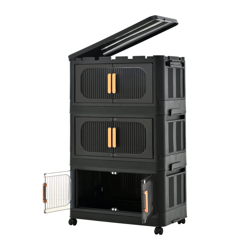 Black, 20' Side Wide Folding Storage Cabinet ,3 Tiers,19.69'×11.81'×31.10',Collapsible Storage Bins with Magnetic Door, Plastic Storage Cabinet with Wheels - Grand Goldman Shop