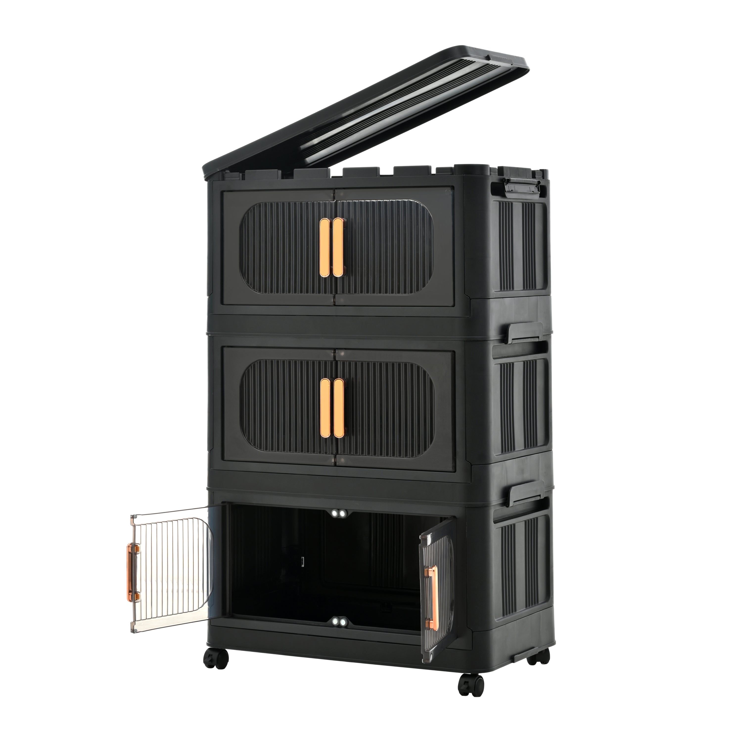 Black, 20' Side Wide Folding Storage Cabinet ,3 Tiers,19.69'×11.81'×31.10',Collapsible Storage Bins with Magnetic Door, Plastic Storage Cabinet with Wheels - Grand Goldman Shop