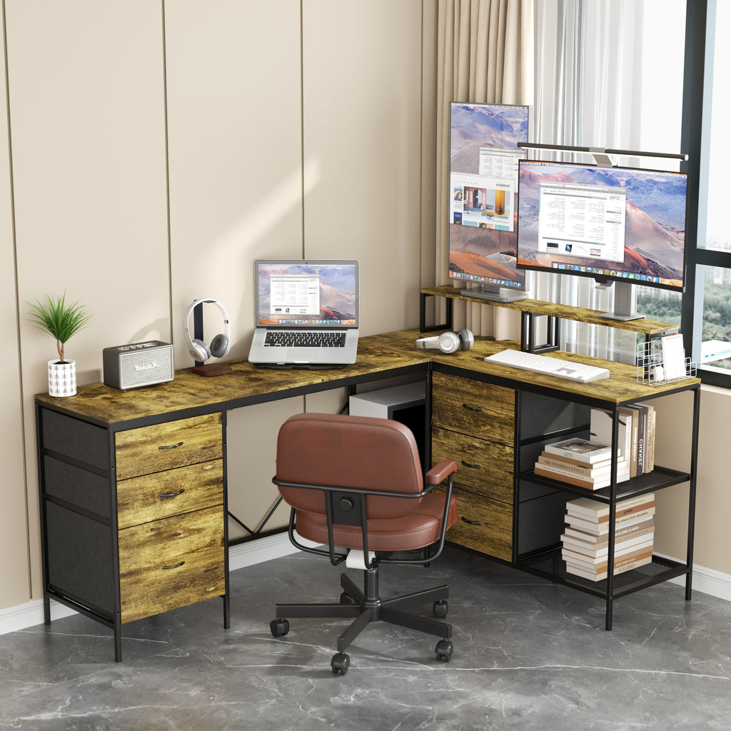 Industrial L-Shaped Computer Desk with Power Outlets & USB-C, Rustic Brown Metal Frame, 6 Fabric Drawers, 3 Open Shelves, Mov