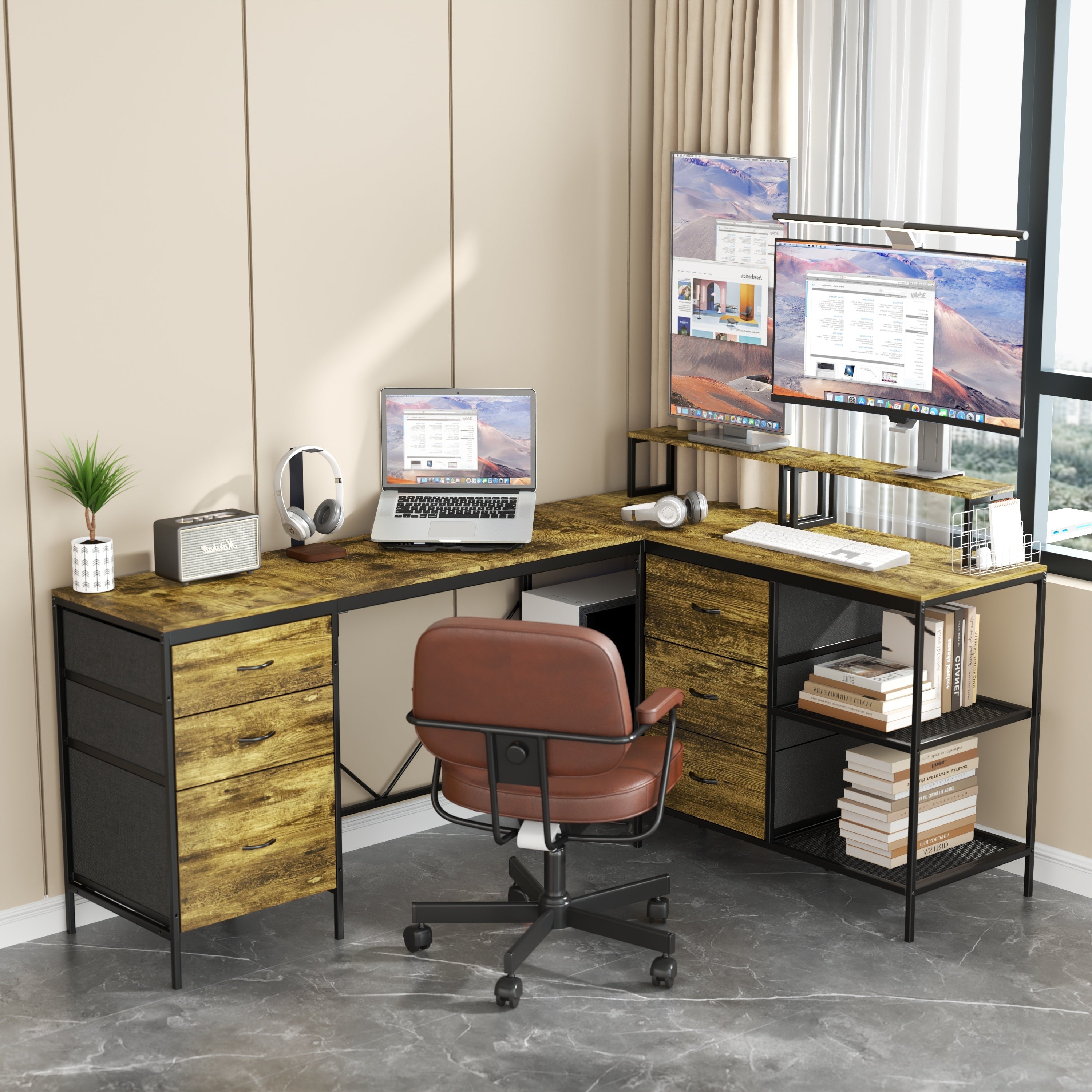 Industrial L-Shaped Computer Desk with Power Outlets & USB-C, Rustic Brown Metal Frame, 6 Fabric Drawers, 3 Open Shelves, Mov