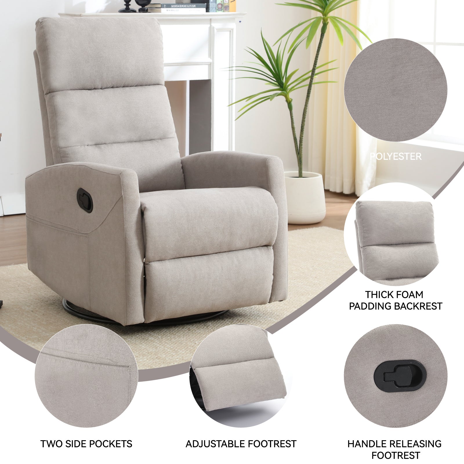 Manual Recliner Chair with Rocker and Swivel in Fabric for Living Room, Grey - Grand Goldman Shop
