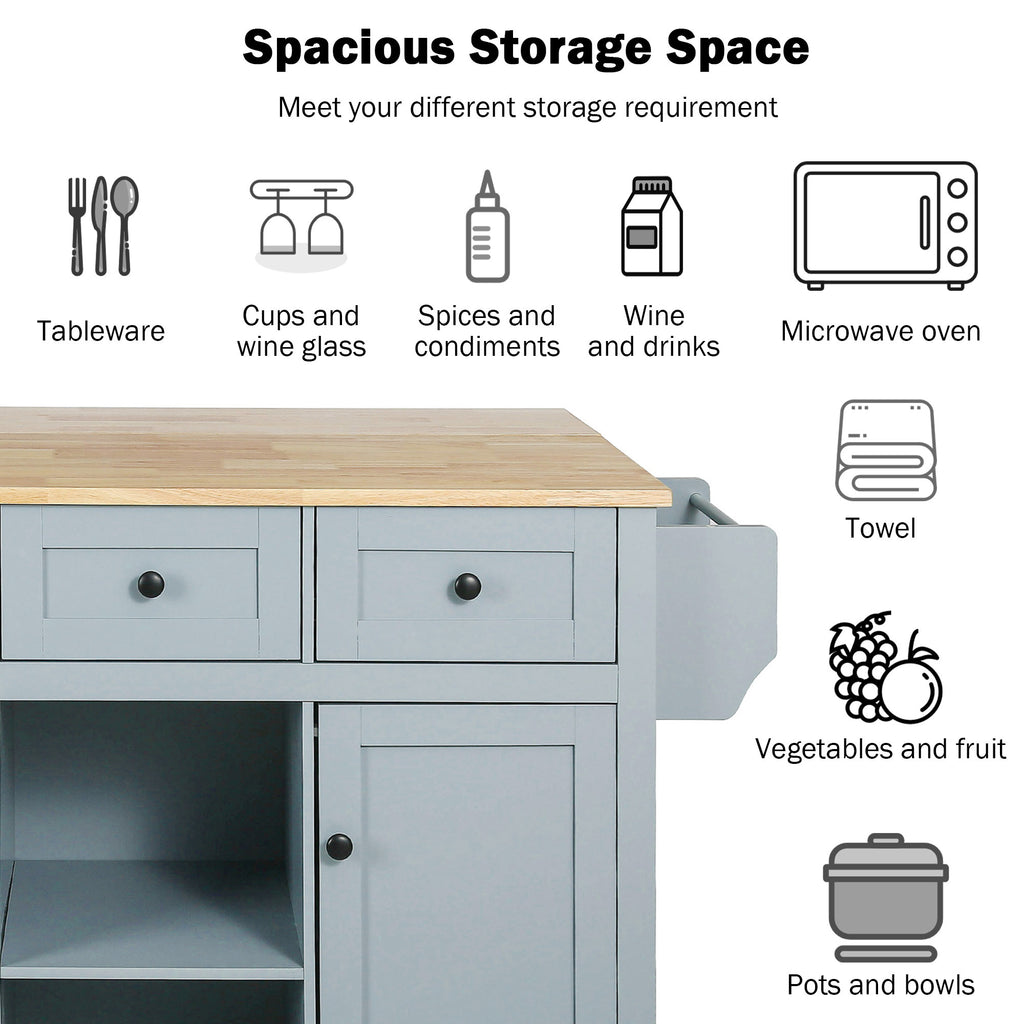 Kitchen Cart with Rubber wood Drop-Leaf Countertop ,Cabinet door internal storage racks,Kitchen Island on 5 Wheels with Storage Cabinet and 3 Drawers for Dinning Room, Grey Blue - Grand Goldman Shop