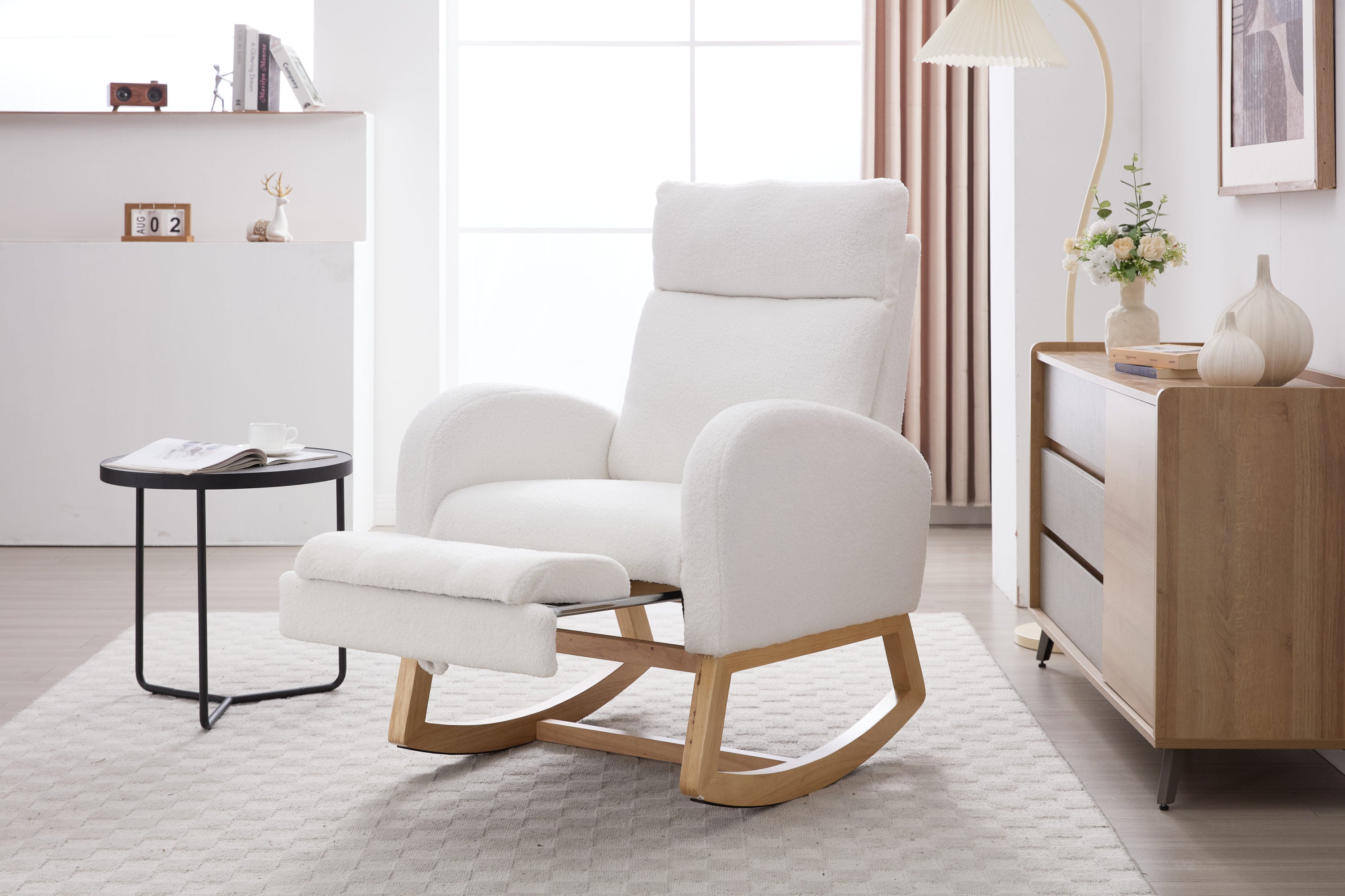 015B-Teddy Fabric Leisure Rocking Chair,Nursery Rocking Chair With Adjustable Footstool,Thickened Headrest And High Backrest, Storage Pocket On The Right Side,The Base Rocker Is Solid Wood,White - Grand Goldman Shop