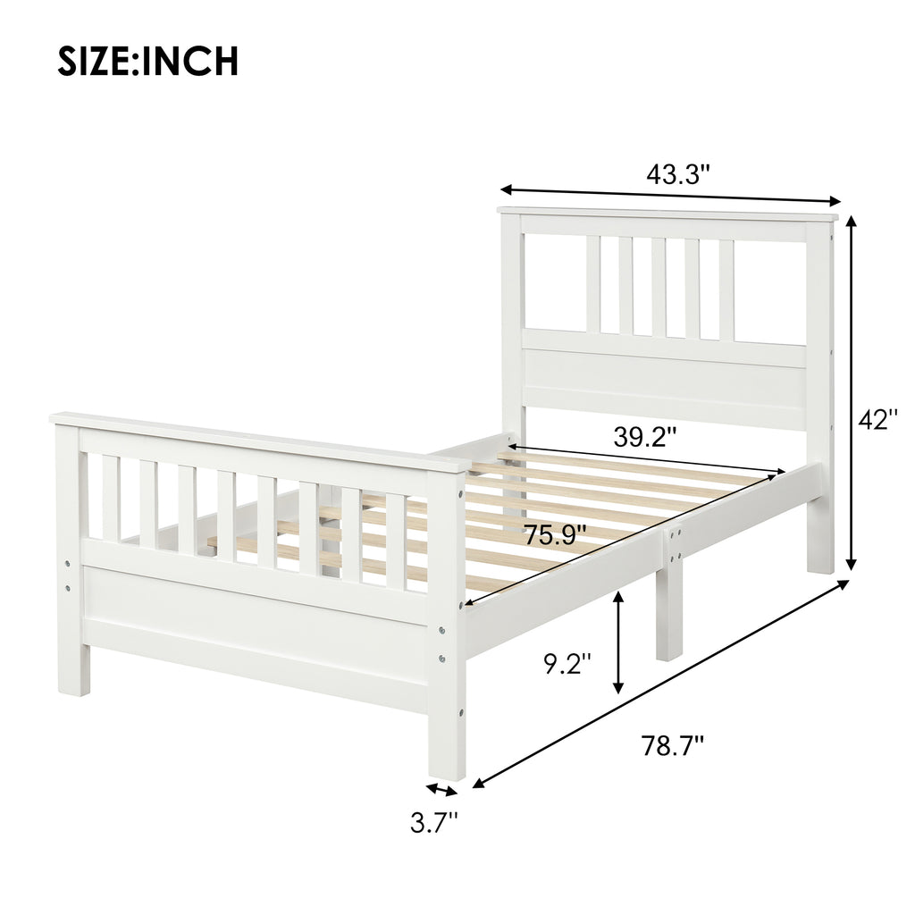 White Pine Wood Platform Bed with Paneled Headboard and Footboard, Twin Size, Solid Wood Frame with 10 Slats - Grand Goldman Shop