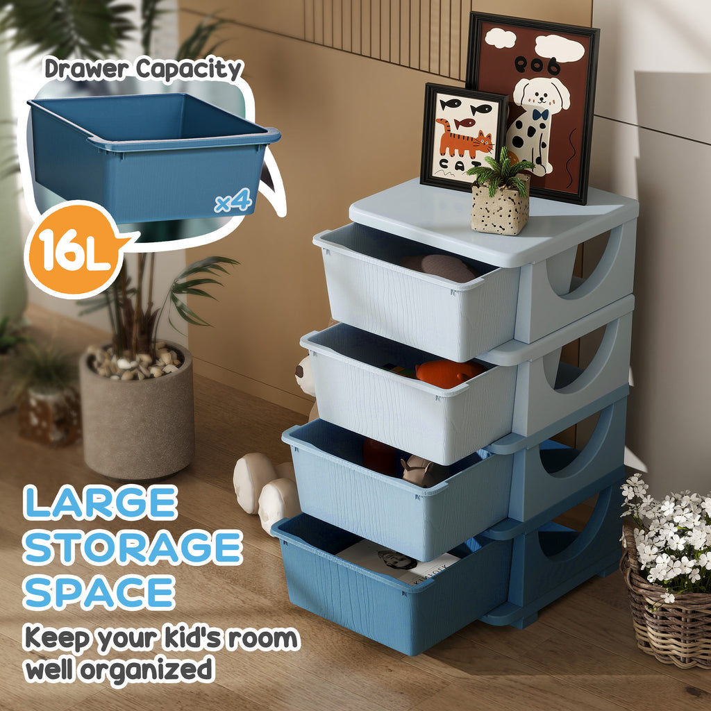 Qaba 4 Tier Kids Storage Unit, 4 Drawer Chest Toy Organizer Plastic Bins for Kids Bedroom Nursery Kindergarten Living Room fo