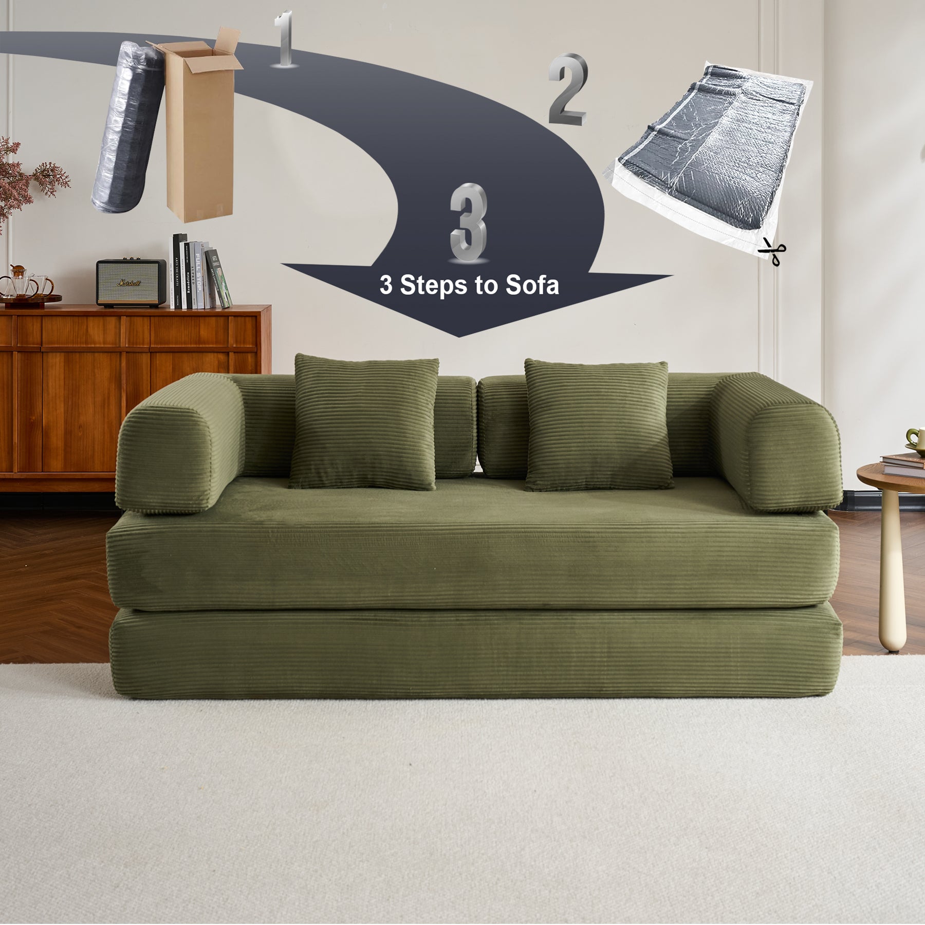 Convertible Sleeper Sofa Bed with Cylindrical Pillow, Corduroy Folding Mattress Couch with Fixed-Shape Frame, Floor Sofa Lounge Couch for Living Room Bedroom (Green) - Grand Goldman Shop