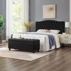Upholstered tufted button storage bench ,Faux leather entry bench with spindle wooden legs, Bed bench- Black - Grand Goldman Shop