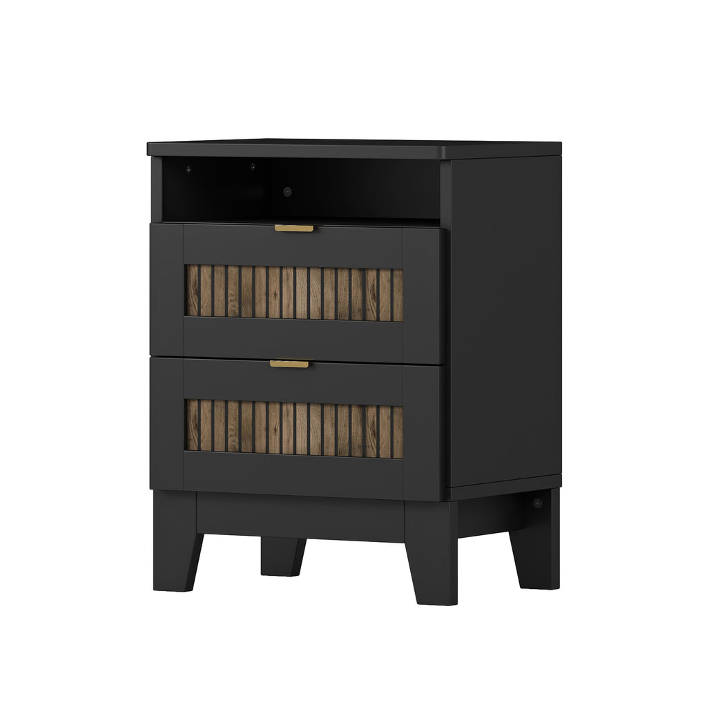 4-Pieces Bedroom Sets, Queen Size Farmhouse Platform Bed with Wooden Strip Stickers Decoration, Storage Nightstand and Dresser with Metal Handle, Black(Old SKU: HL000191AAB) - Grand Goldman Shop