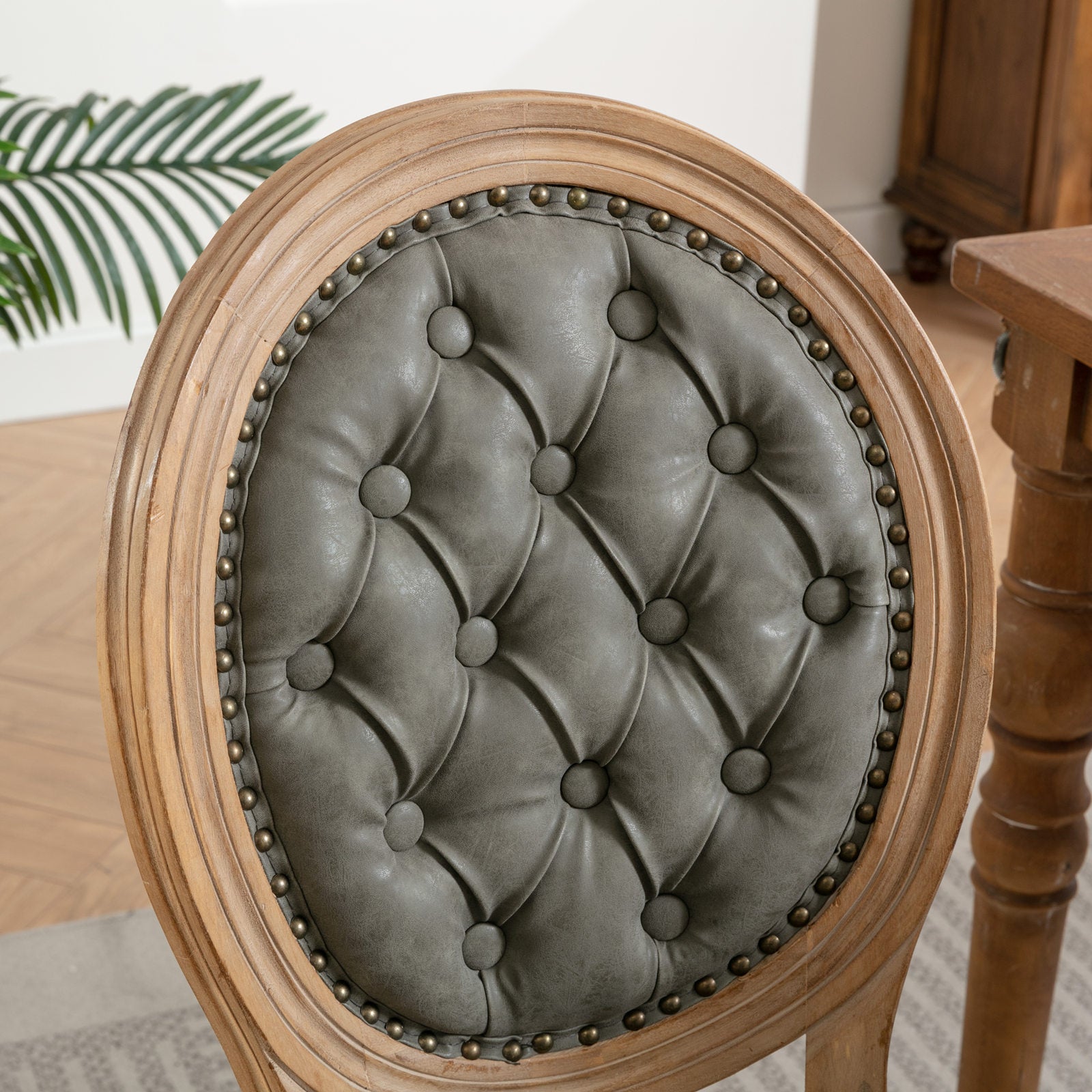French Style Solid Wood Frame Antique Painting,Hand-pulled buckle decoration PU artificial leather Dining Chair with Nailhead Trim ,Wood Legs,Set of 2,White Pine Green,SW1839WP - Grand Goldman Shop